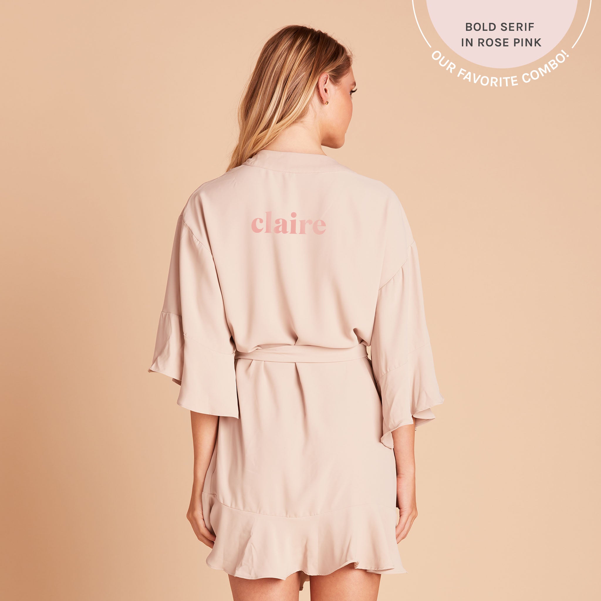 Kenny Ruffle Robe in taupe by Birdy Grey, back view
