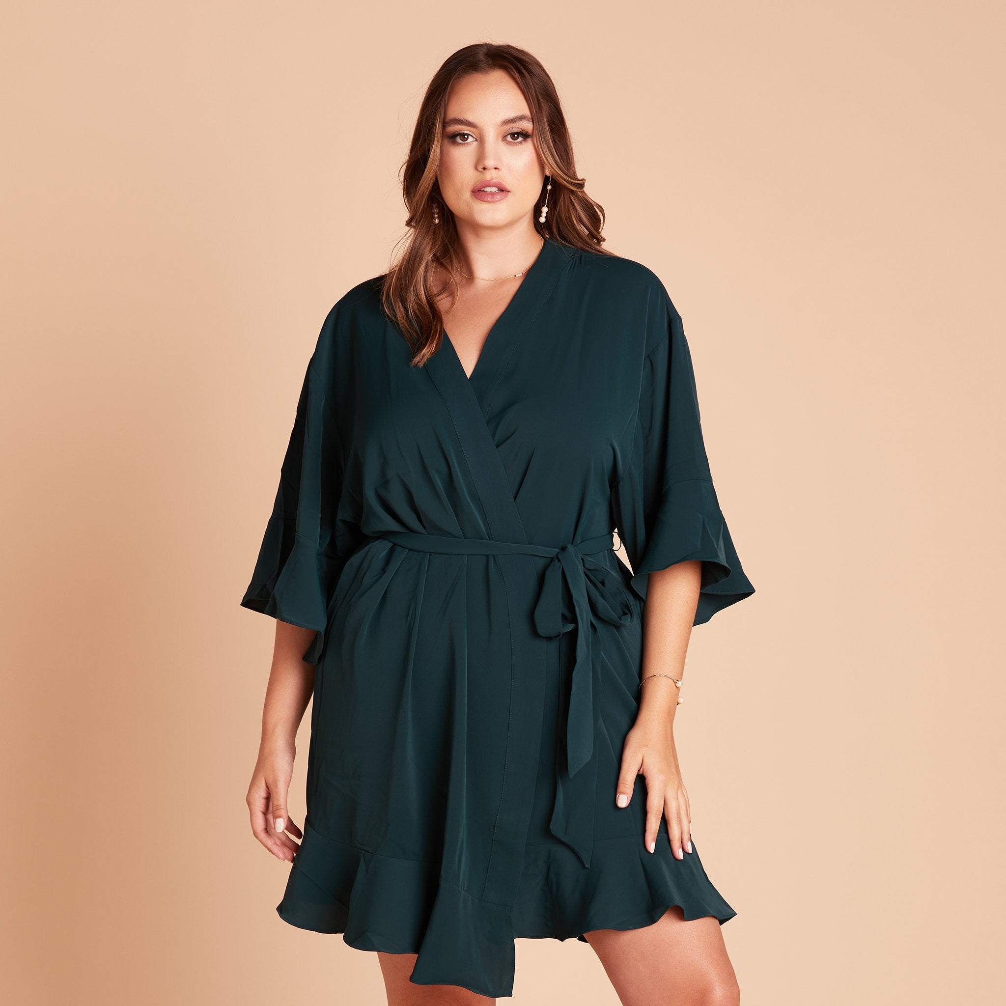 Kenny Ruffle Robe in emerald green by Birdy Grey, front view