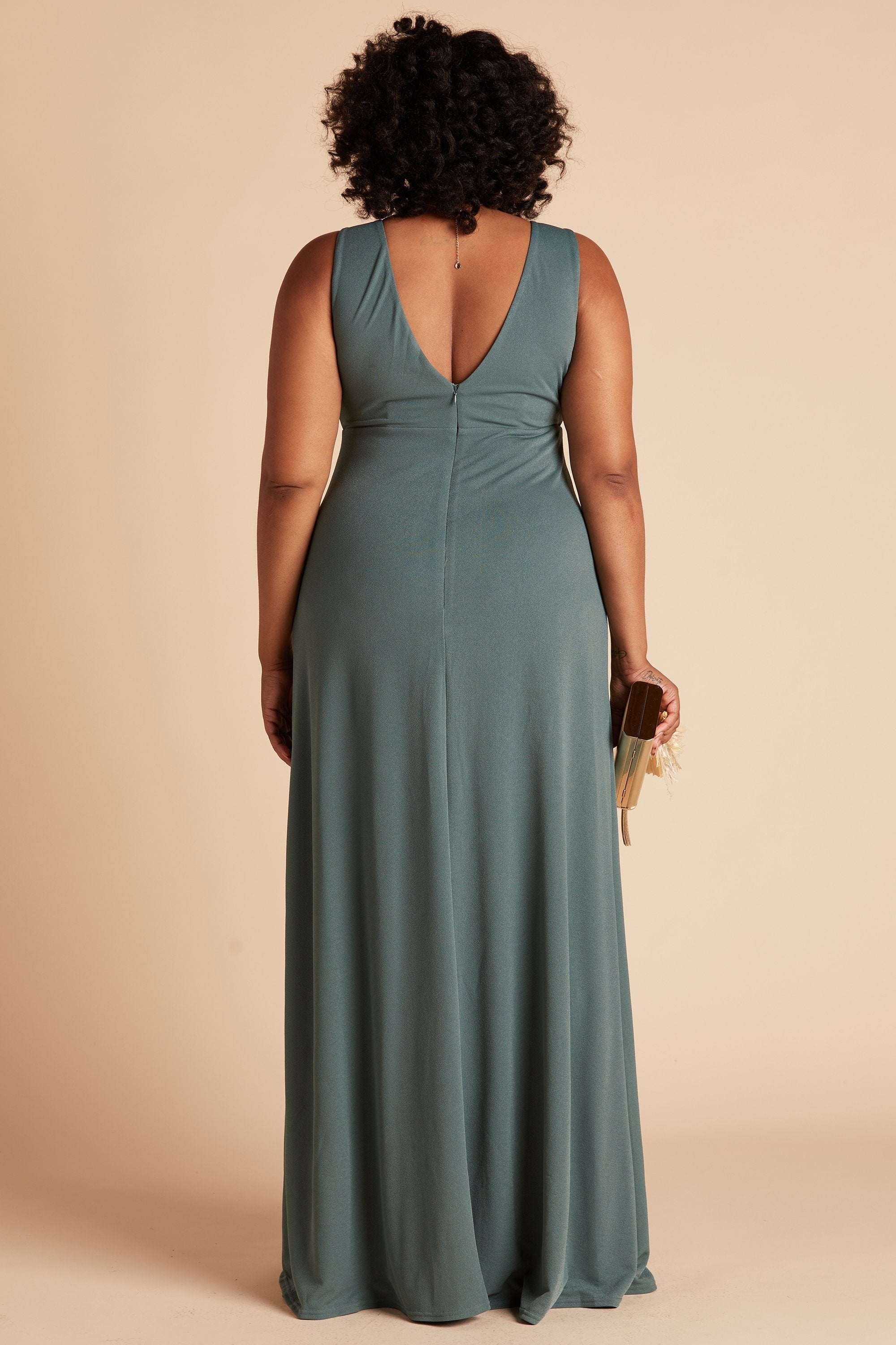 Shamin plus size bridesmaid dress with slit in sea glass green chiffon by Birdy Grey, back view