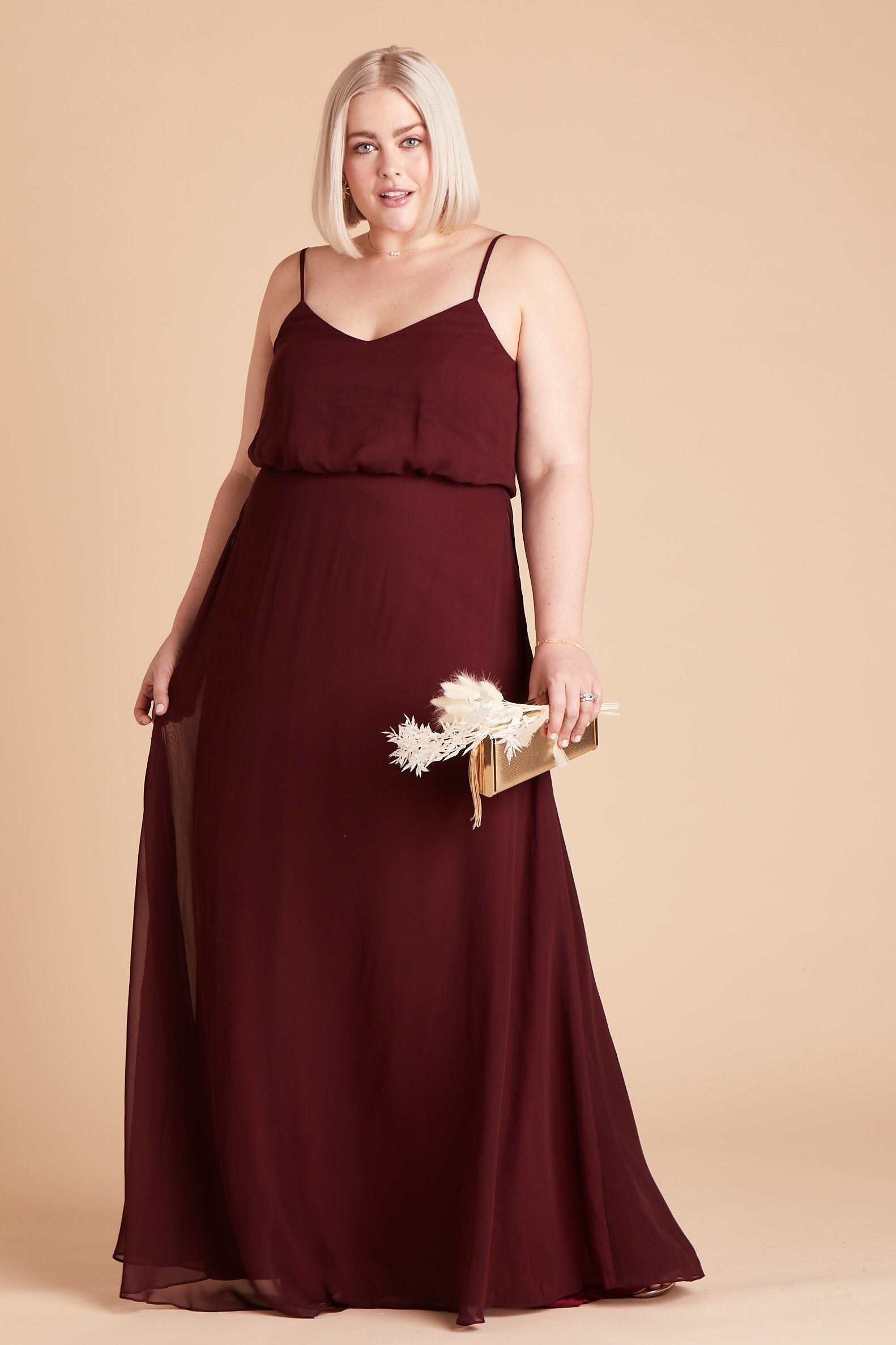 Gwennie plus size bridesmaid dress in cabernet burgundy chiffon by Birdy Grey, front view