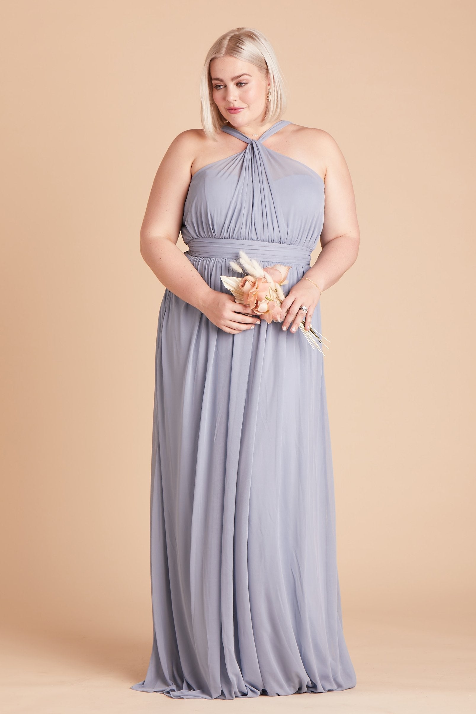 Kiko plus size bridesmaid dress in dusty blue chiffon by Birdy Grey, front view