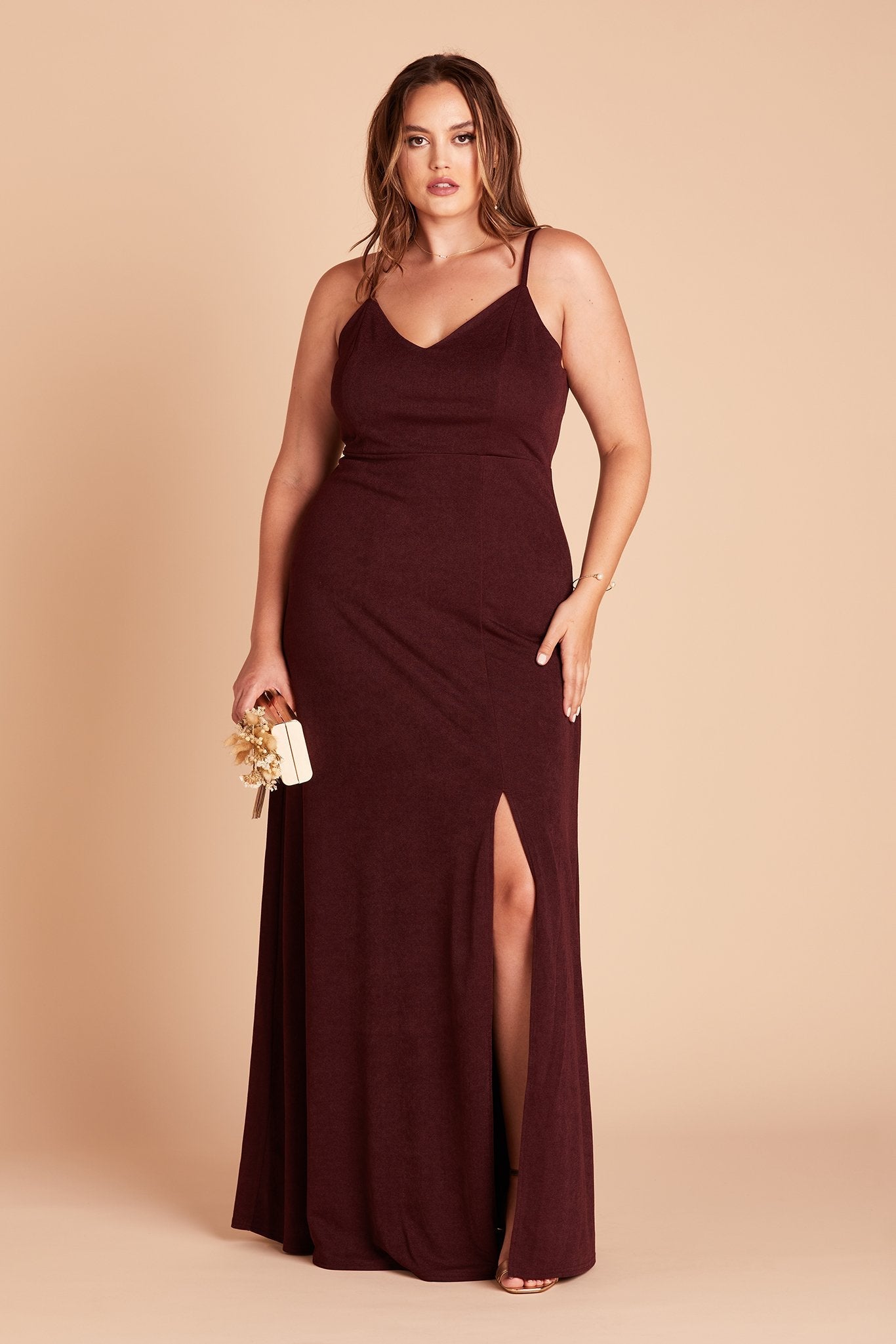 Jay plus size bridesmaid dress with slit in cabernet burgundy crepe by Birdy Grey, front view