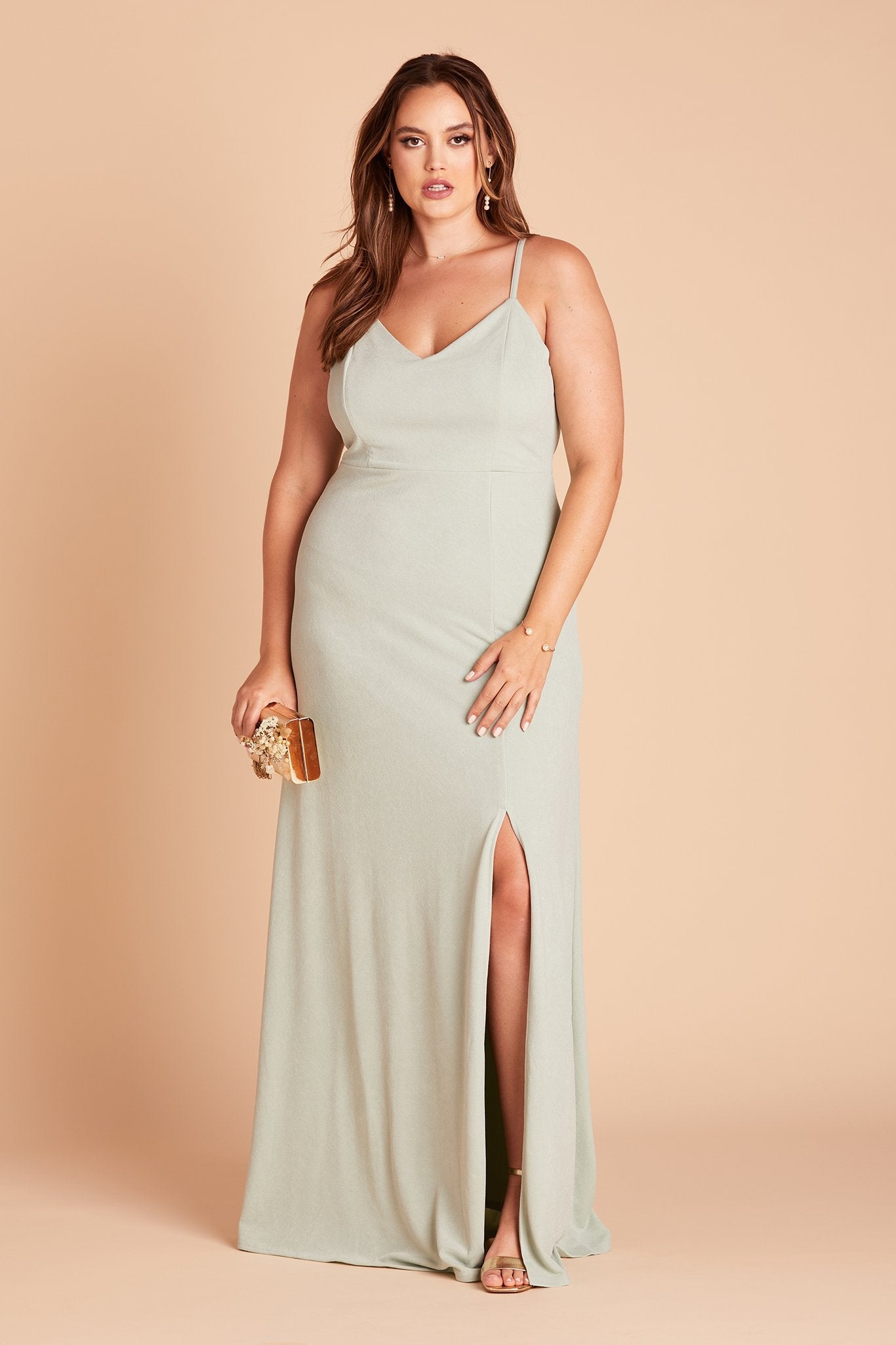 Jay plus size bridesmaid dress with slit in sage green crepe by Birdy Grey, front view