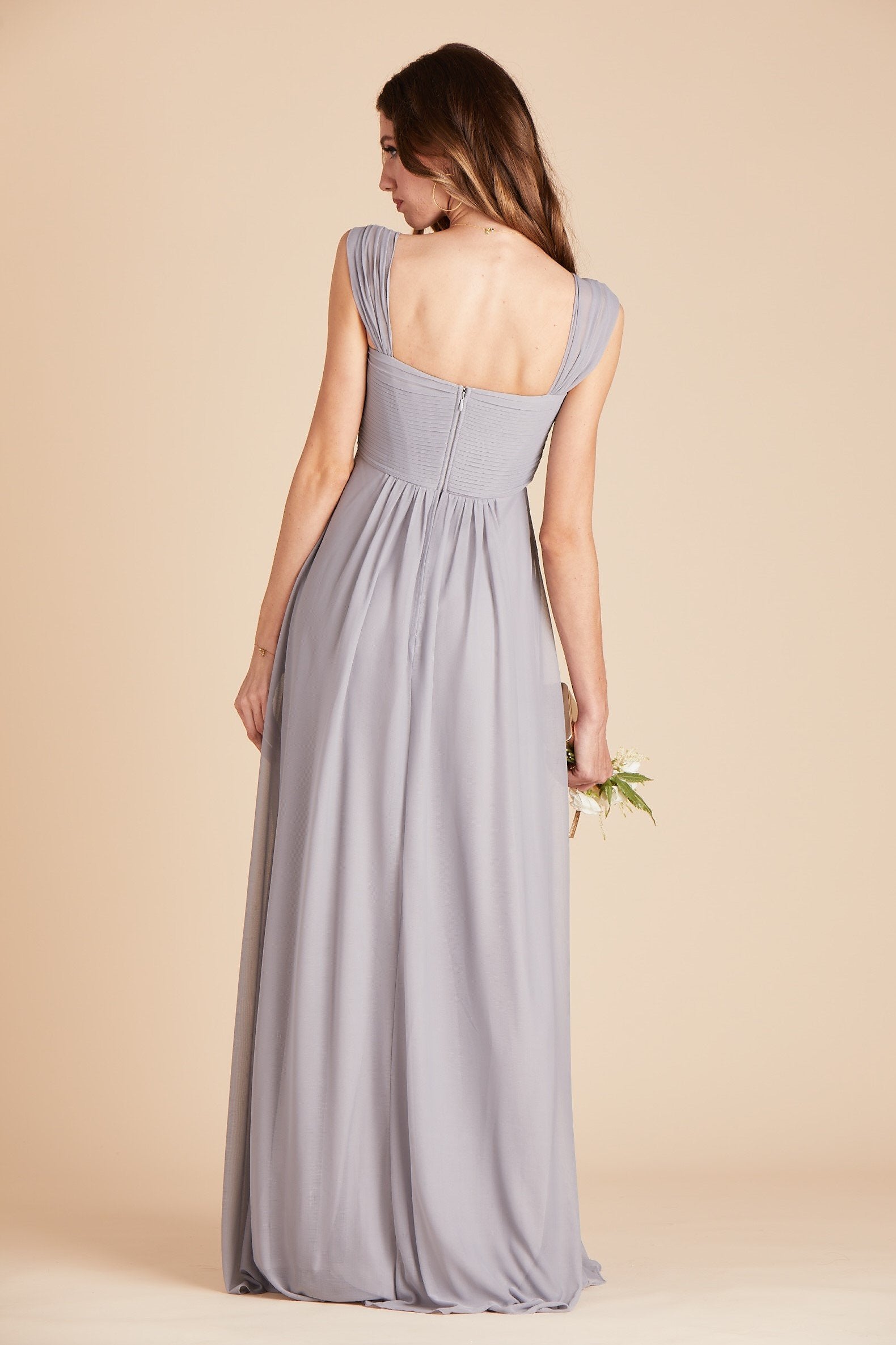 Maria convertible bridesmaids dress in silver mesh by Birdy Grey, back view