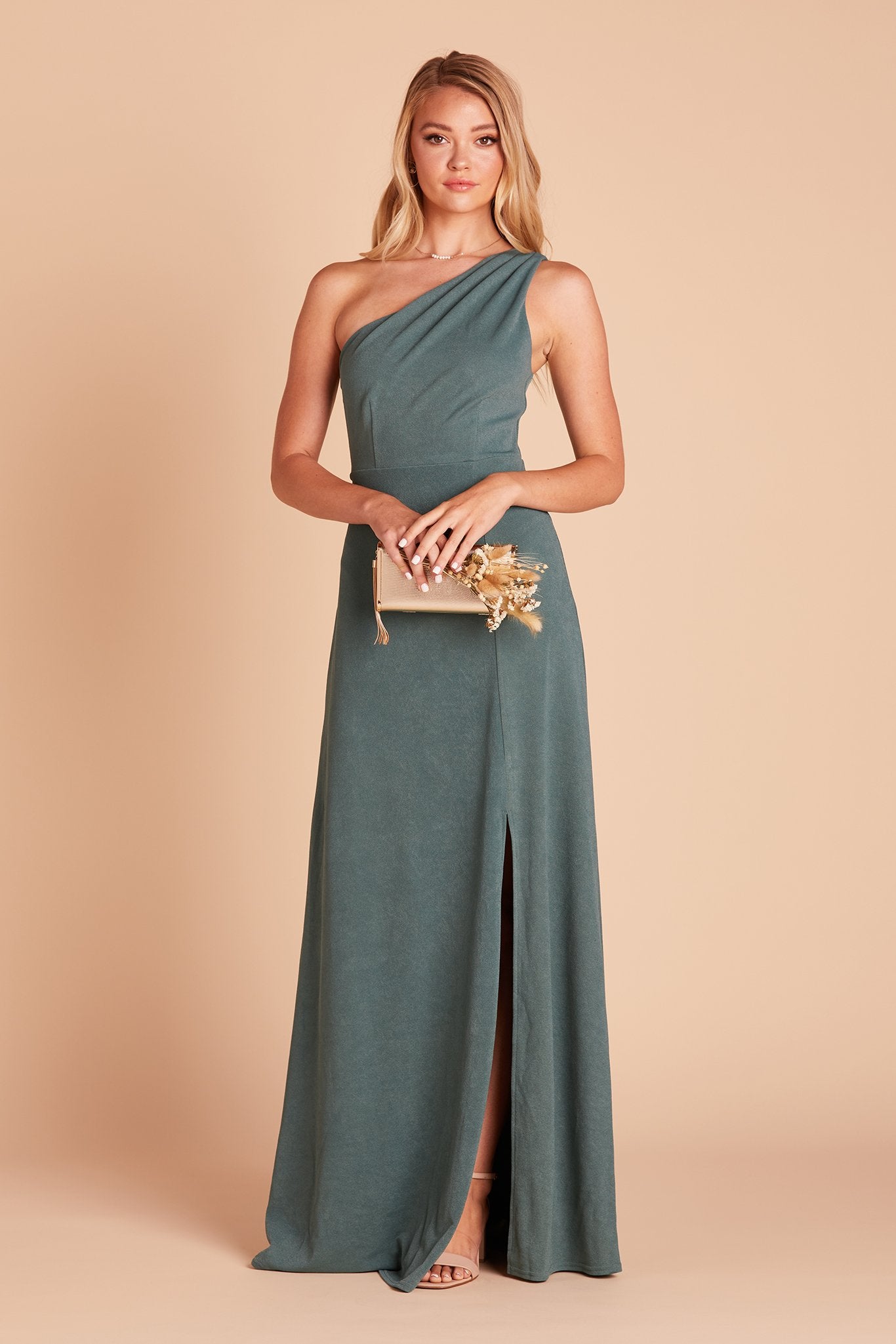 Kira bridesmaid dress with slit in sea glass green crepe by Birdy Grey, front view