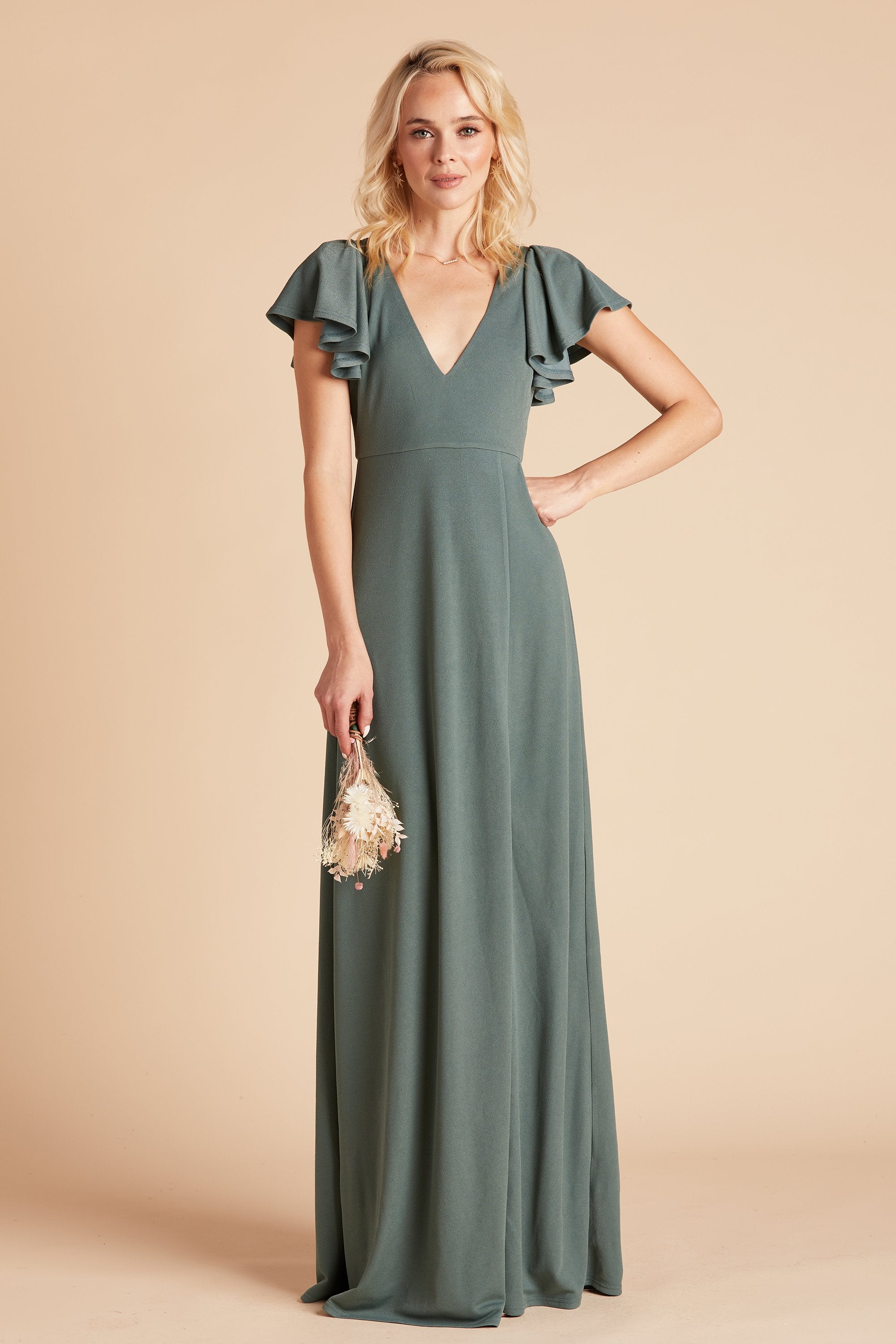 Hannah bridesmaid dress in sea glass crepe by Birdy Grey, front view