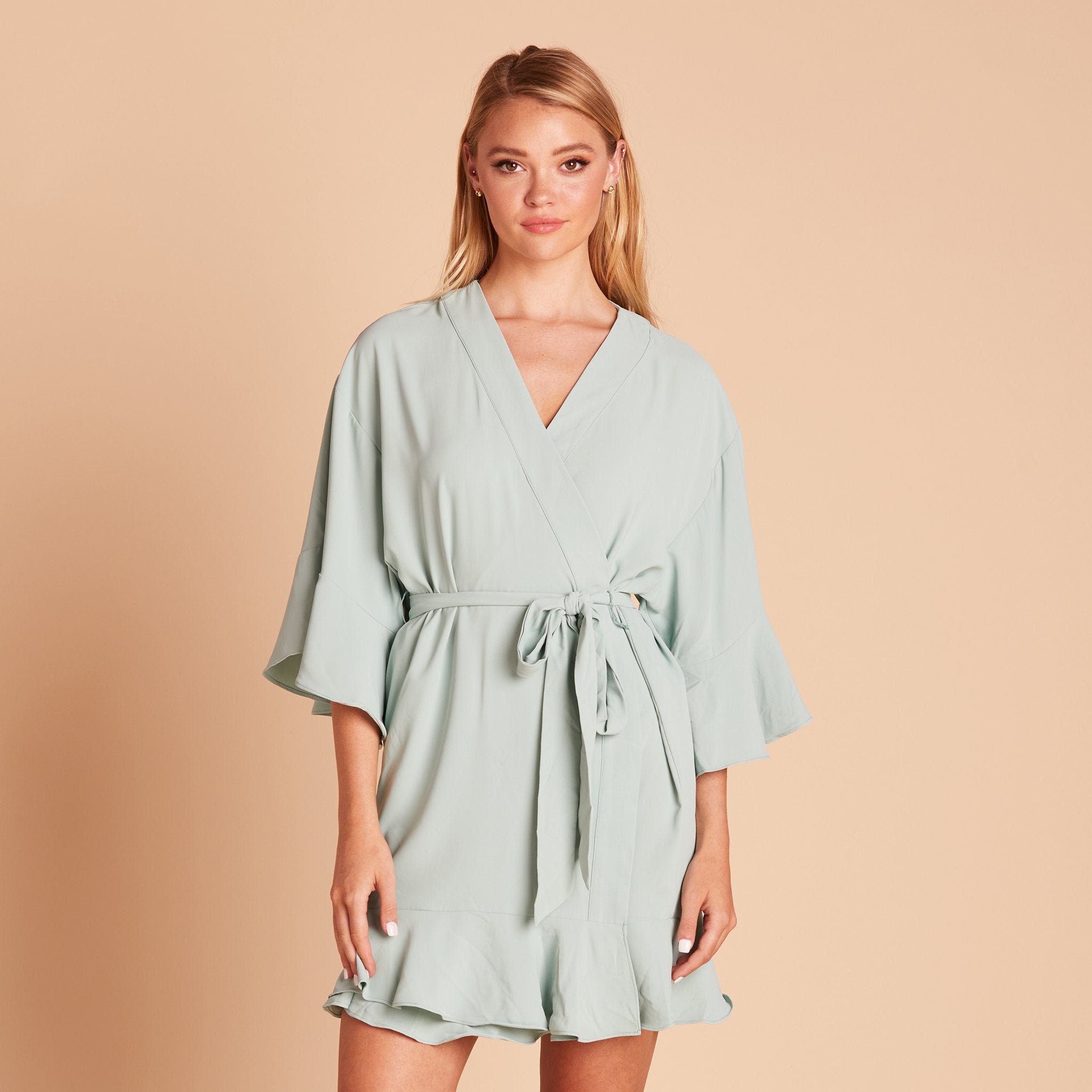 Kenny Ruffle Robe in sage green by Birdy Grey, front view