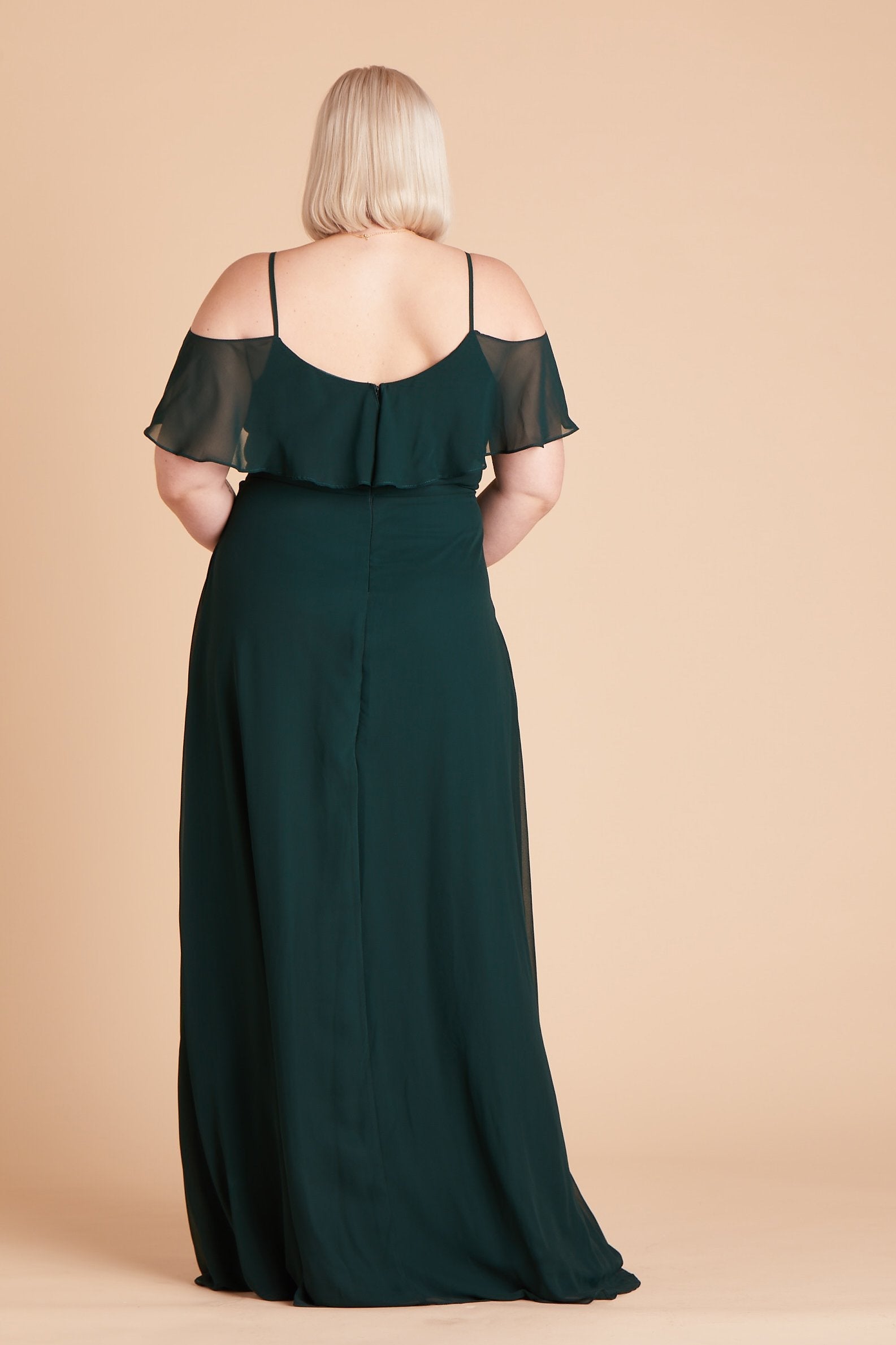 Jane convertible plus size bridesmaid dress in emerald green chiffon by Birdy Grey, back view
