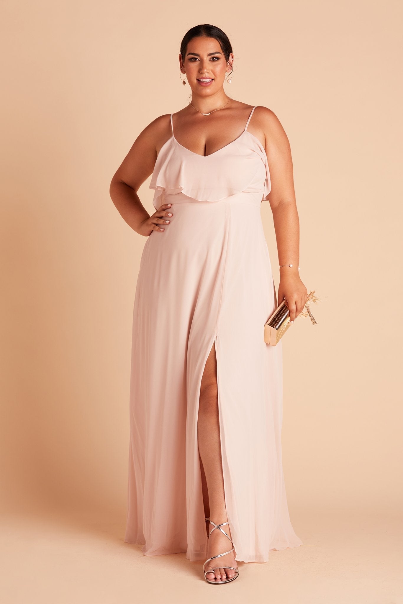 Jane convertible plus size bridesmaid dress with slit in pale blush chiffon by Birdy Grey, front view
