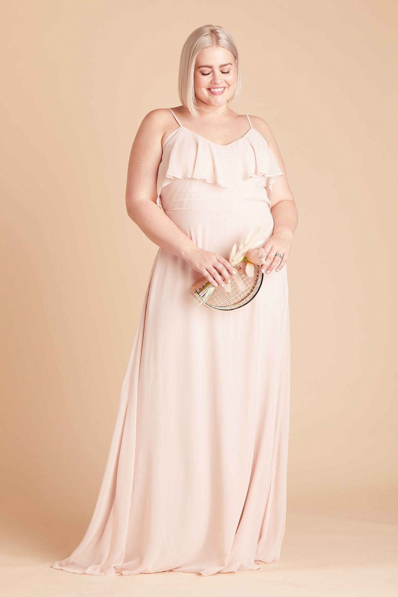 Jane convertible plus size bridesmaid dress in pale blush chiffon by Birdy Grey, front view