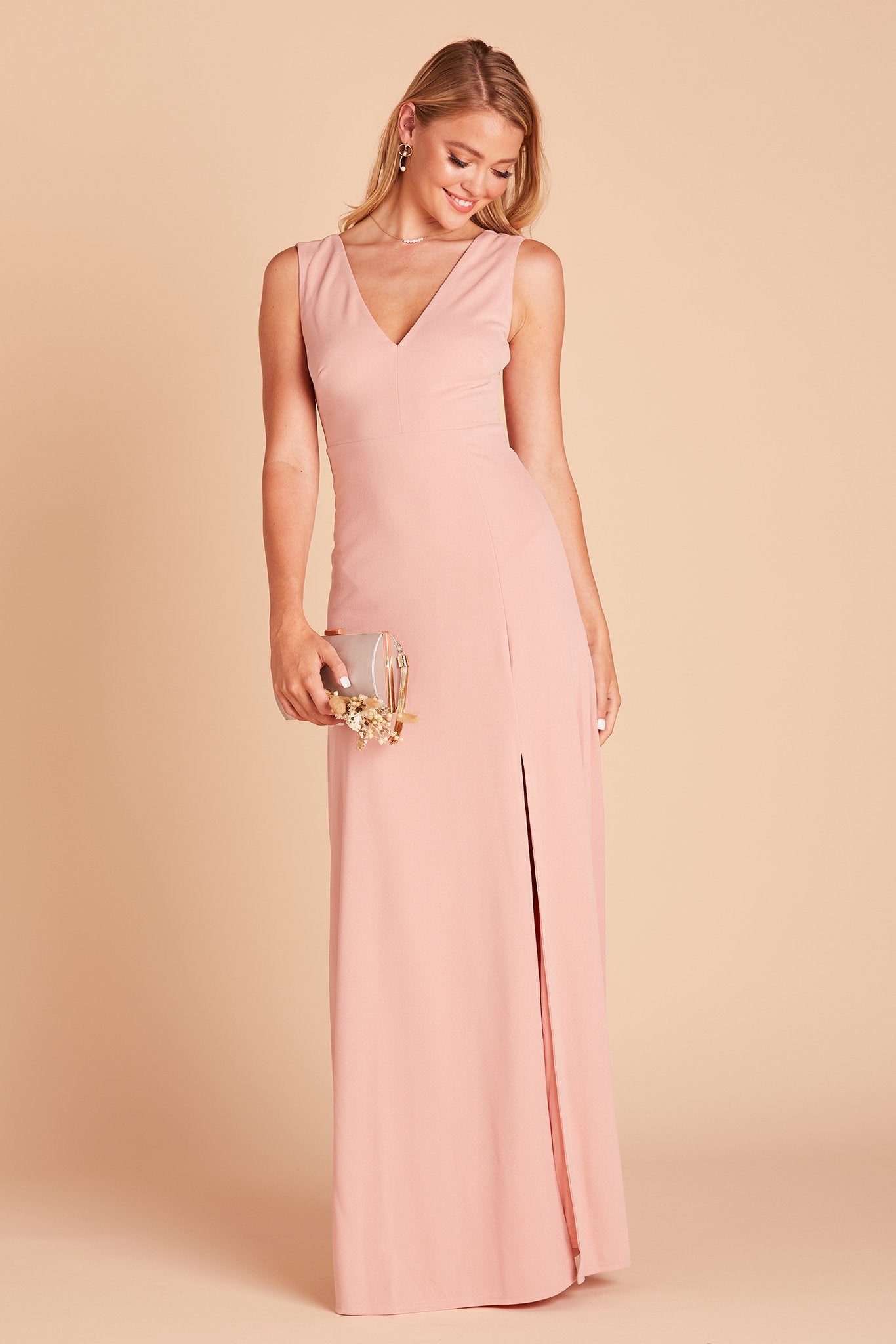 Shamin bridesmaid dress with slit in rose quartz crepe by Birdy Grey, front view