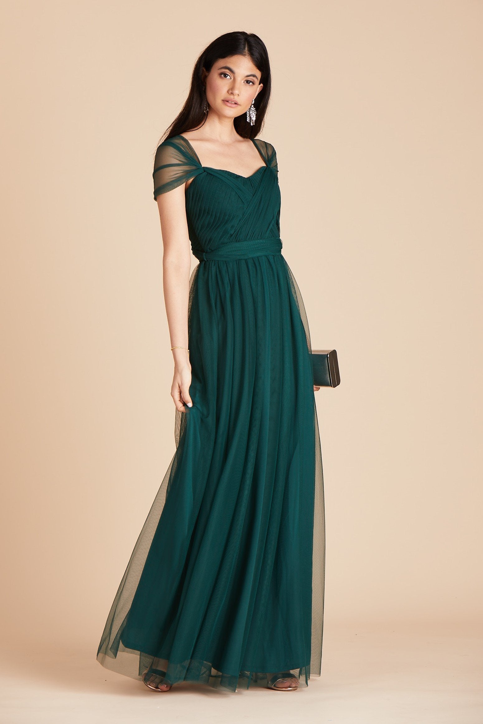 Christina convertible bridesmaid dress in emerald green tulle by Birdy Grey, side view