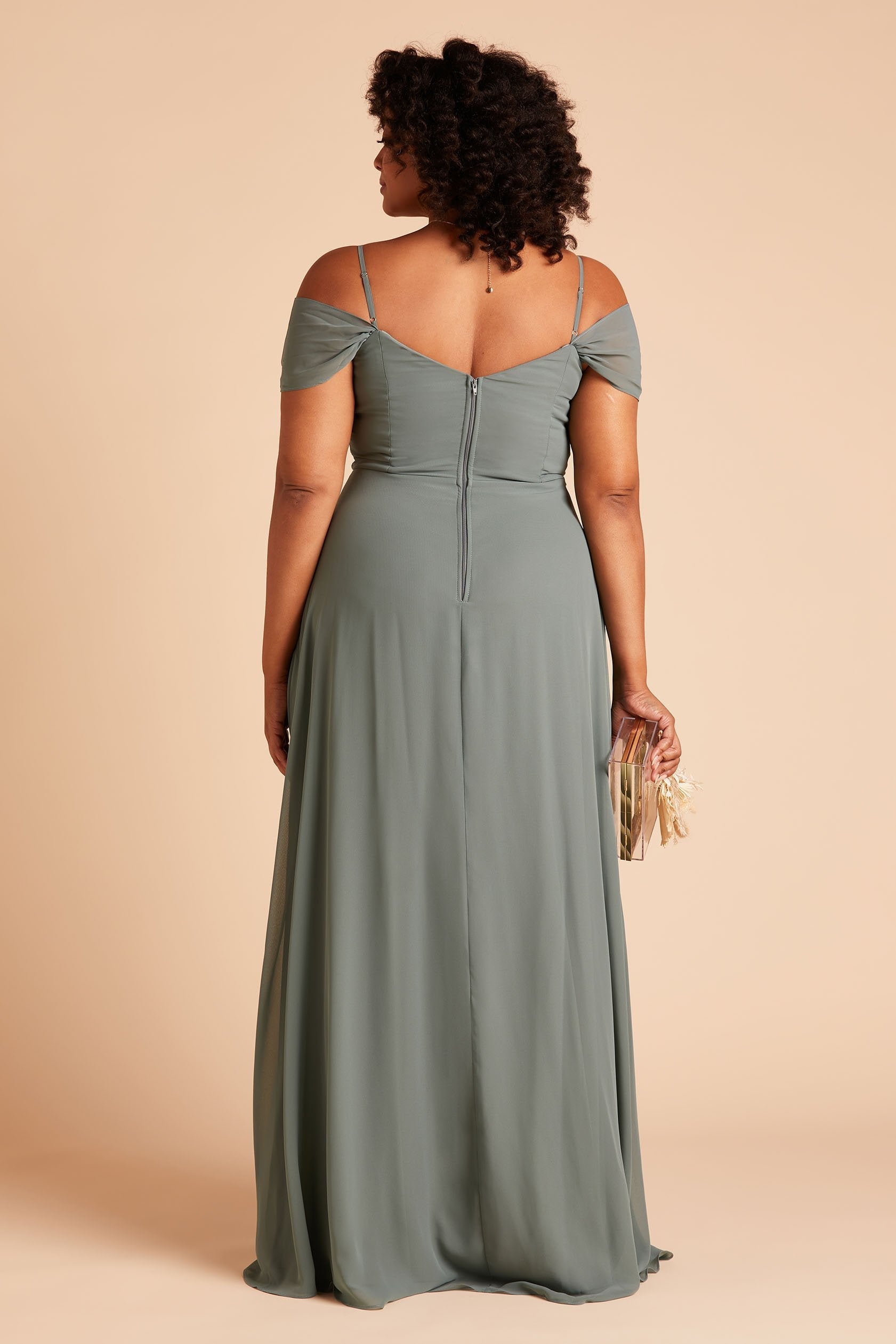 Spence convertible plus size bridesmaid dress in sea glass green chiffon by Birdy Grey, back view