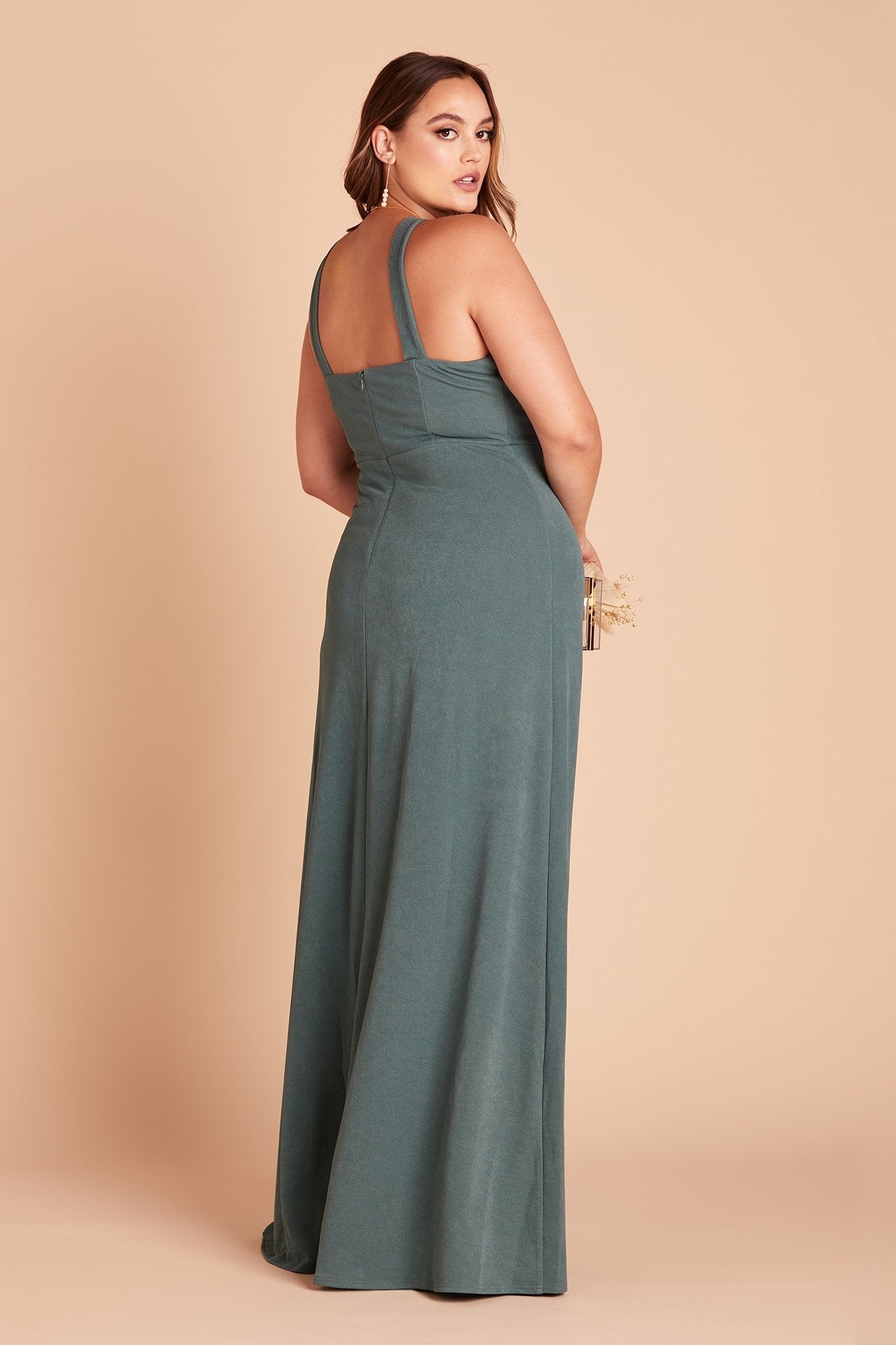Gene plus size bridesmaid dress with slit in sea glass green crepe by Birdy Grey, back view