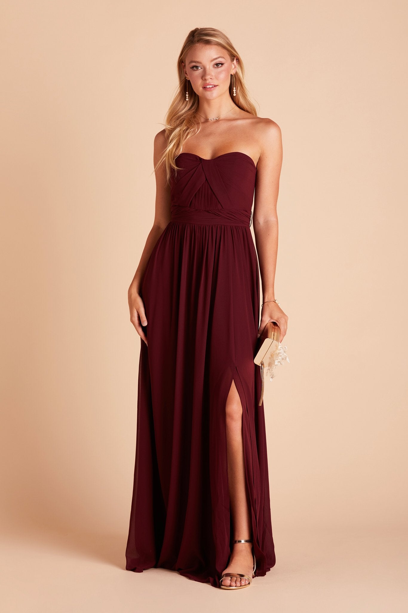 Grace convertible bridesmaid dress with slit in cabernet burgundy chiffon by Birdy Grey, front view
