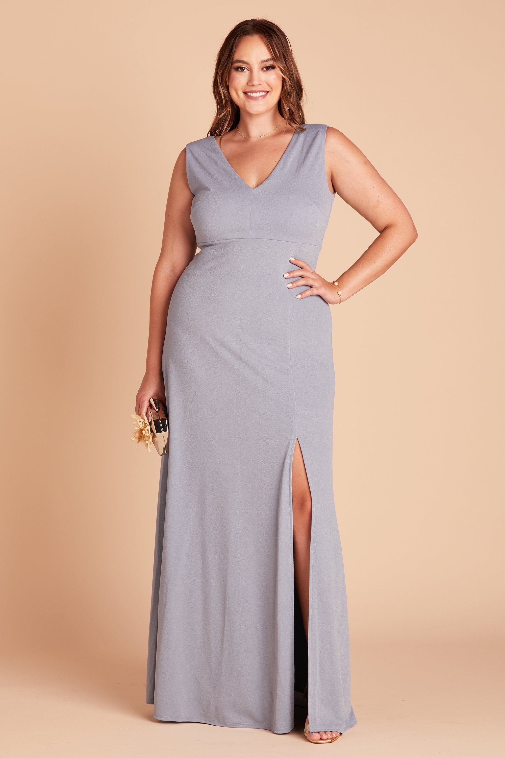 Shamin plus size bridesmaid dress with slit in dusty blue crepe by Birdy Grey, front view