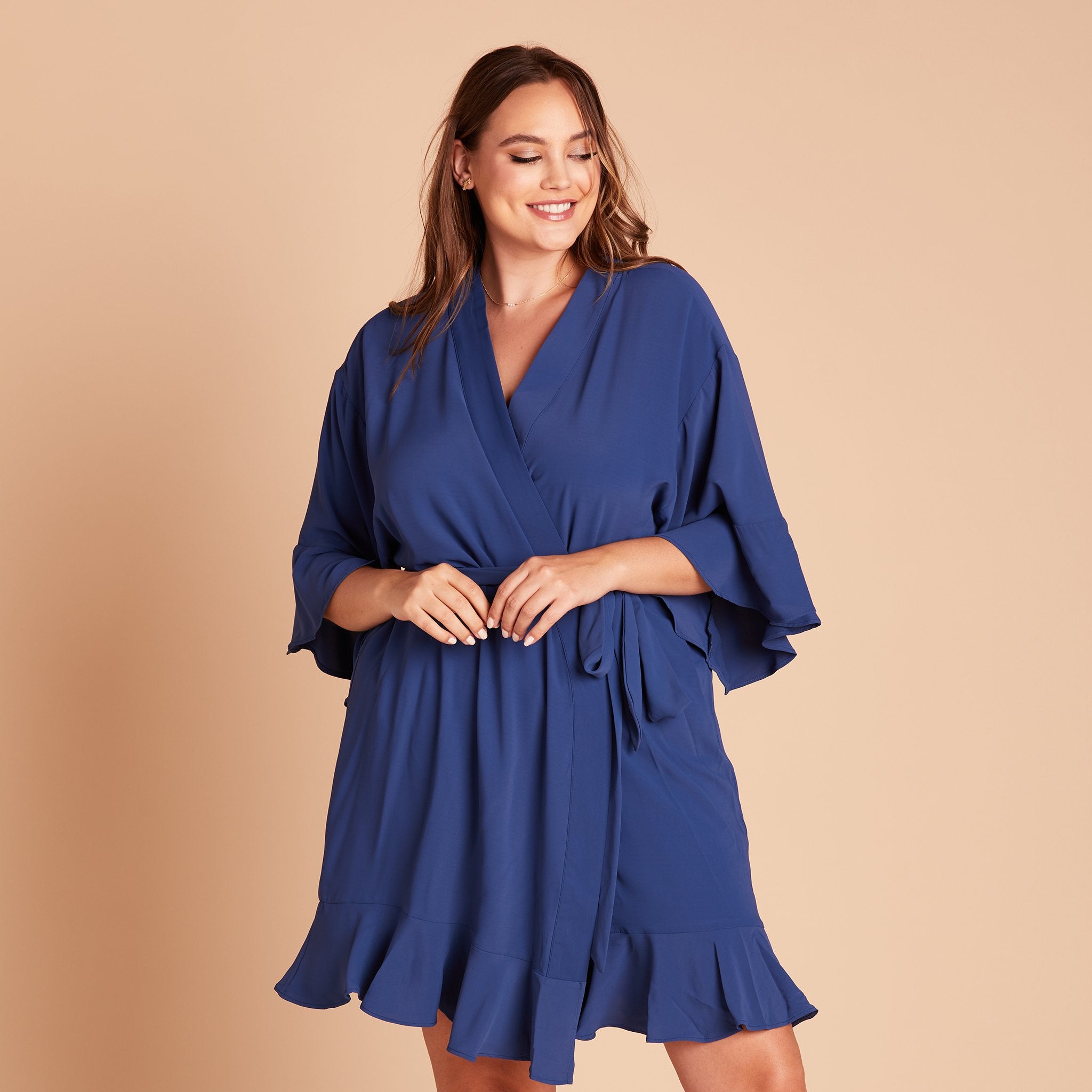 Kenny Ruffle Robe in slate blue by Birdy Grey, front view