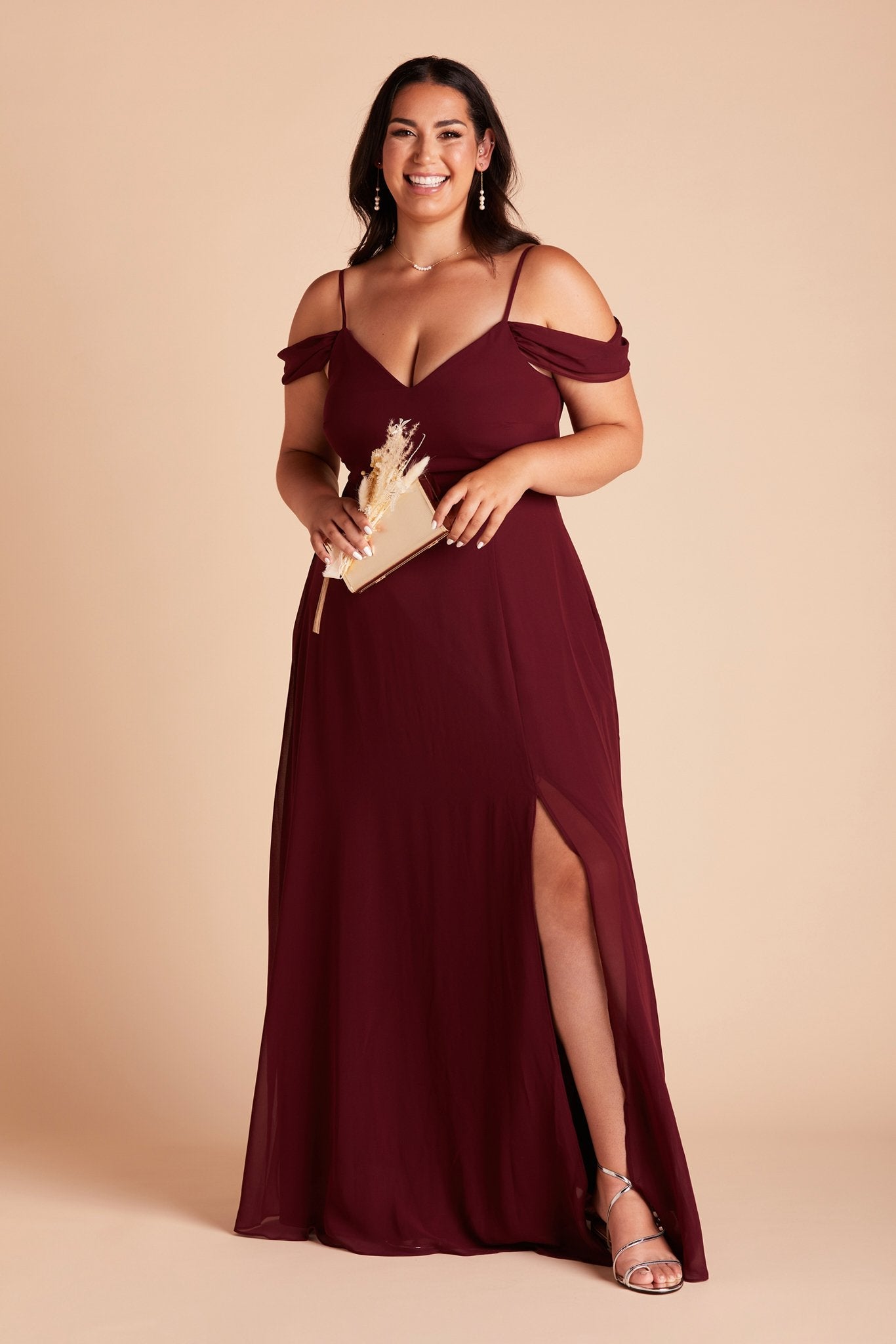 Devin convertible plus size bridesmaid dress with slit in cabernet burgundy chiffon by Birdy Grey, front view