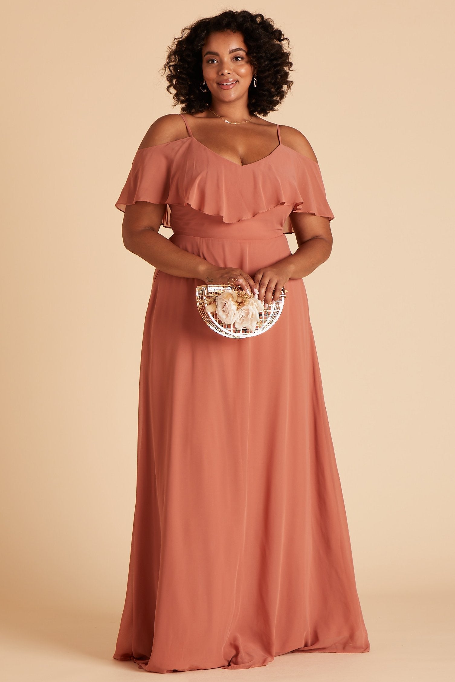 Jane convertible plus size bridesmaid dress in terracotta orange chiffon by Birdy Grey, front view