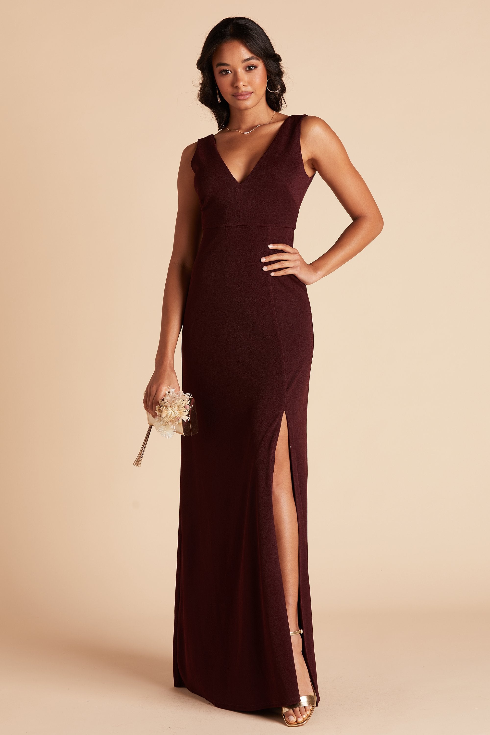 Shamin bridesmaid dress with slit in cabernet burgundy crepe by Birdy Grey, front view