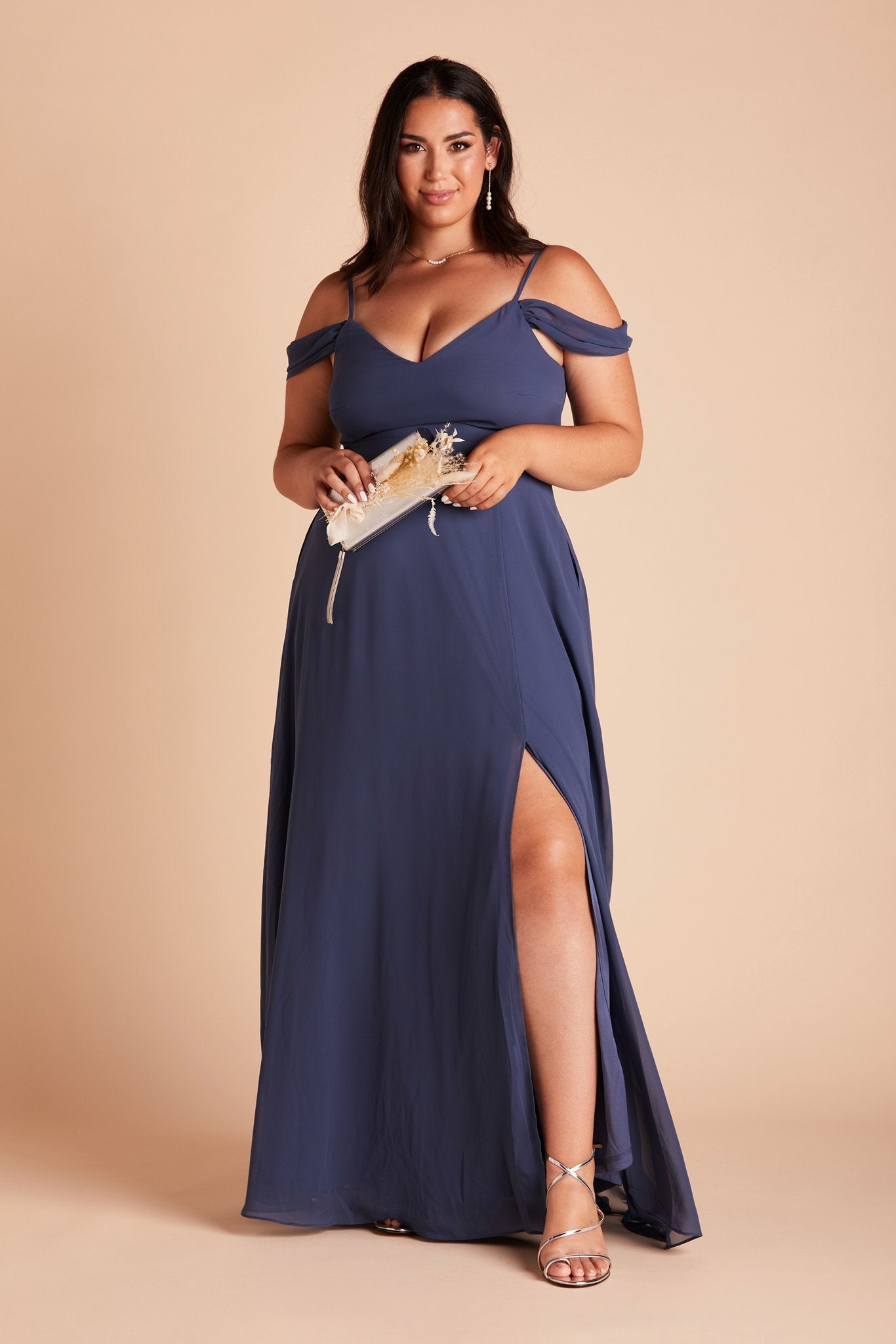 Devin convertible plus size bridesmaids dress with slit in slate blue chiffon by Birdy Grey, front view