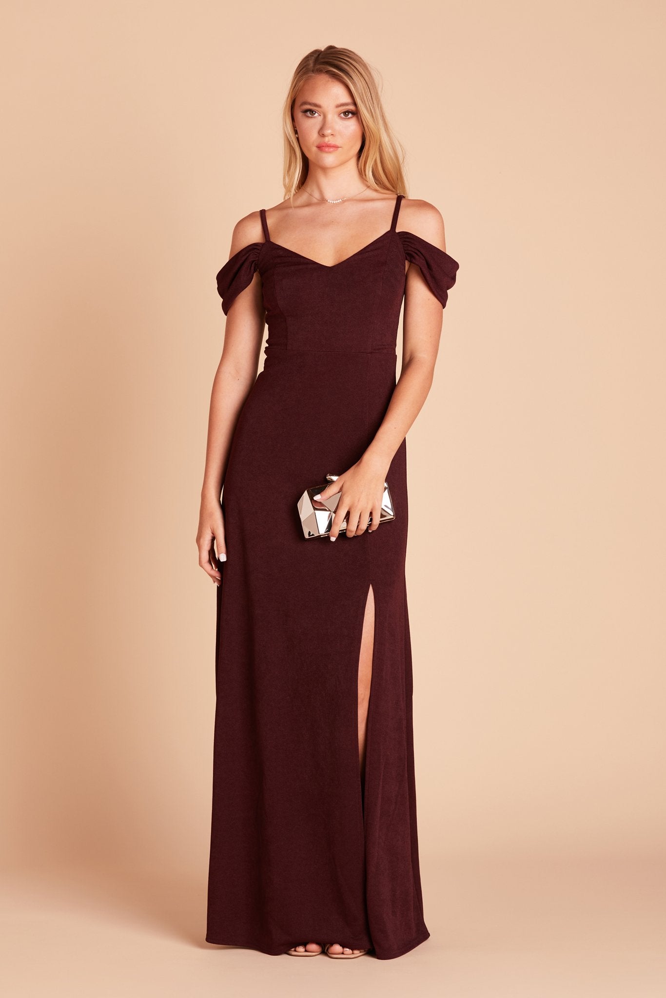 Dev bridesmaid dress with slit in cabernet burgundy crepe by Birdy Grey, front view
