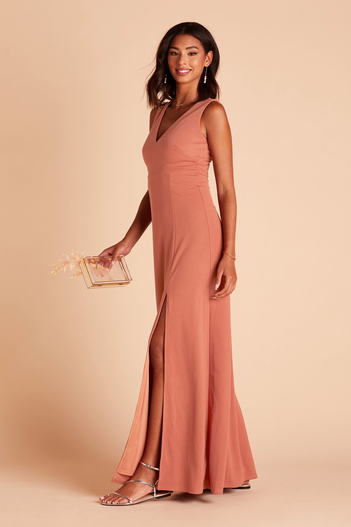 Shamin bridesmaid dress with slit in terracotta crepe by Birdy Grey, side view