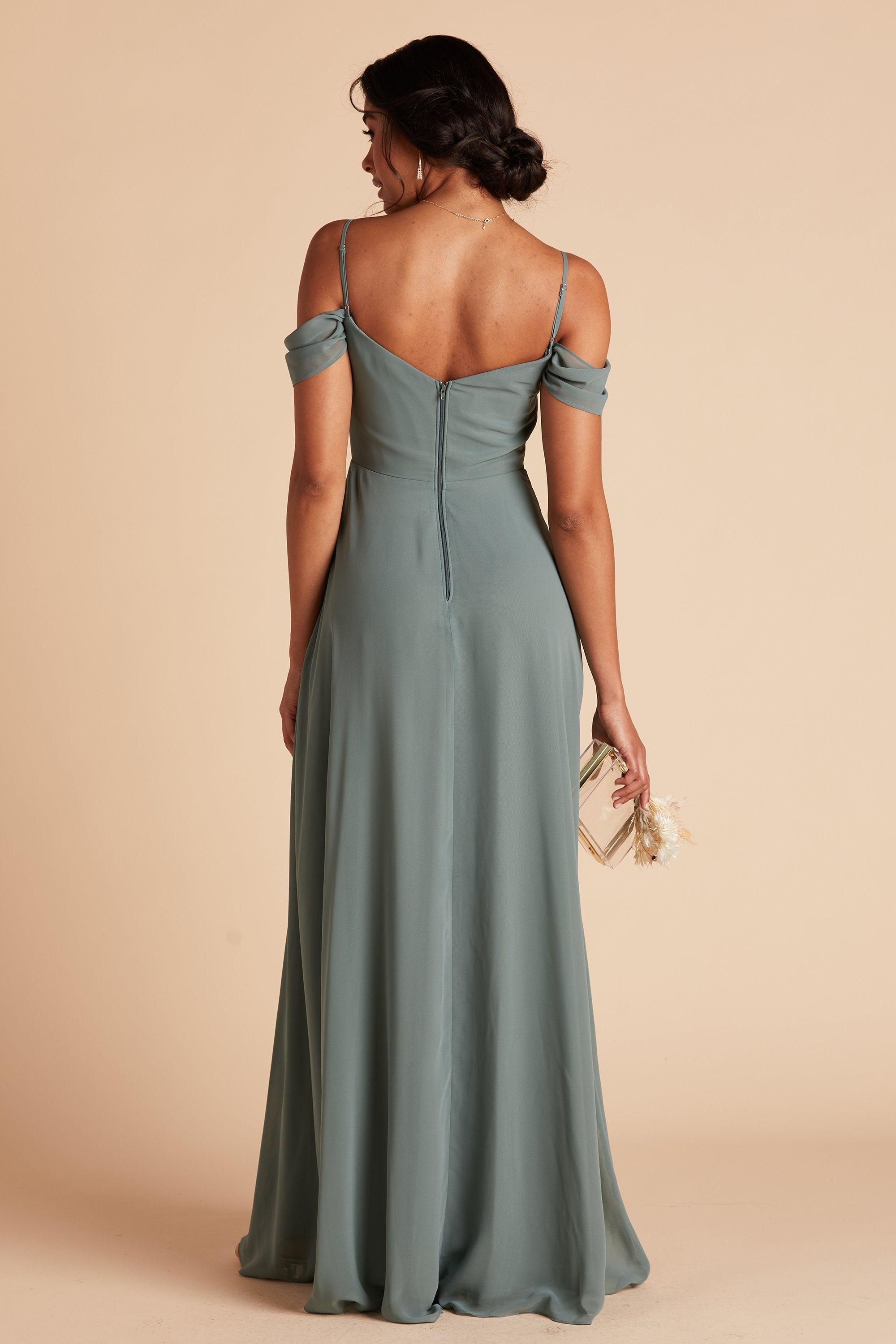 Devin convertible bridesmaids dress in sea glass green chiffon by Birdy Grey, back view