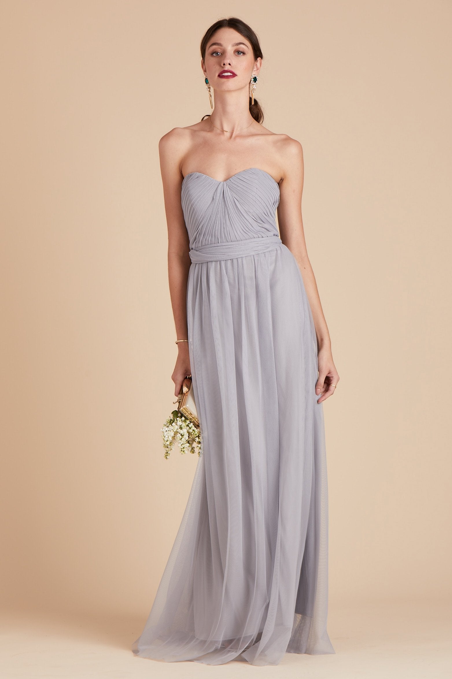 Christina convertible bridesmaid dress in silver tulle by Birdy Grey, front view