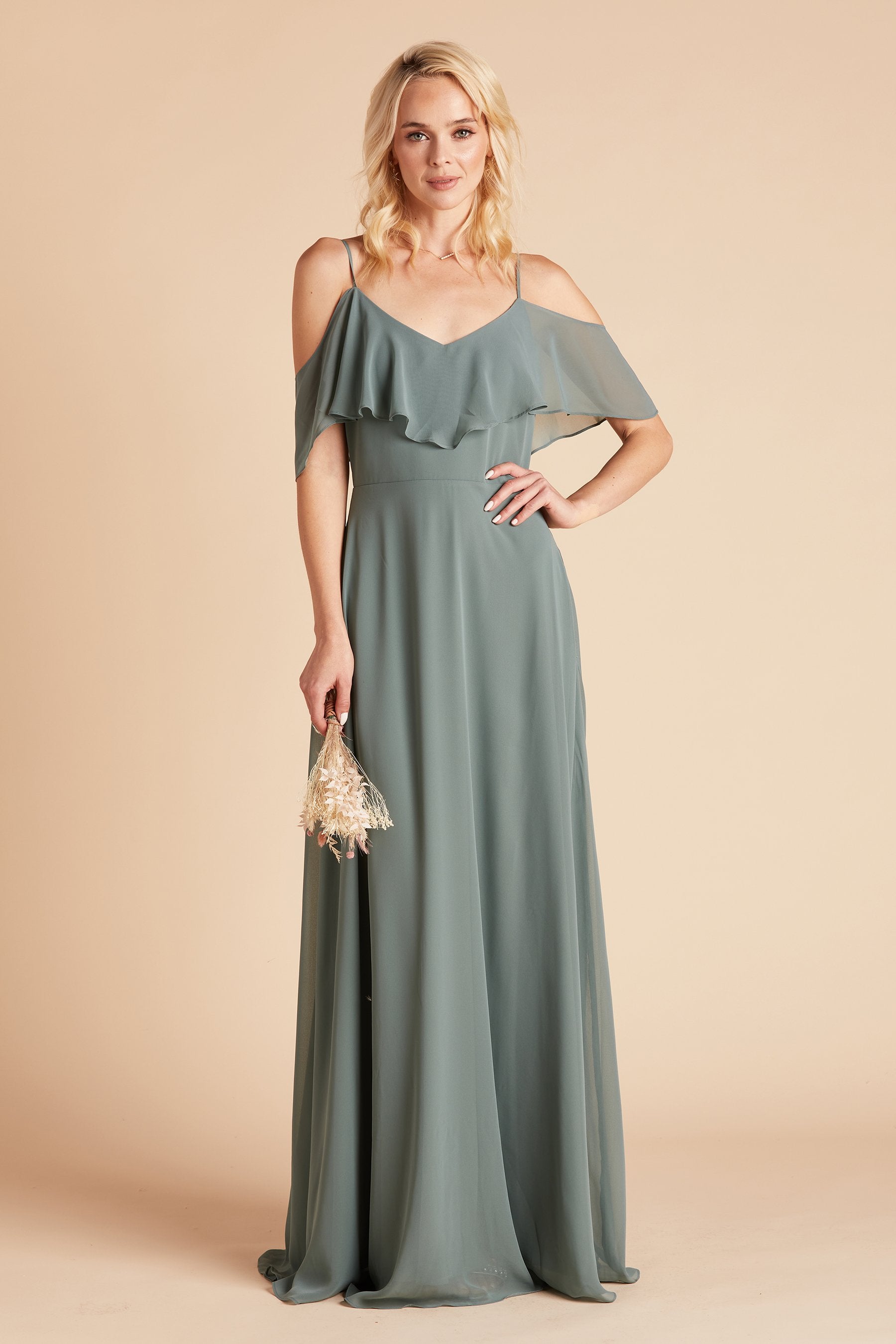 Front view of the Jane Convertible Dress in sea glass chiffon worn by a slender model with a light skin tone. 