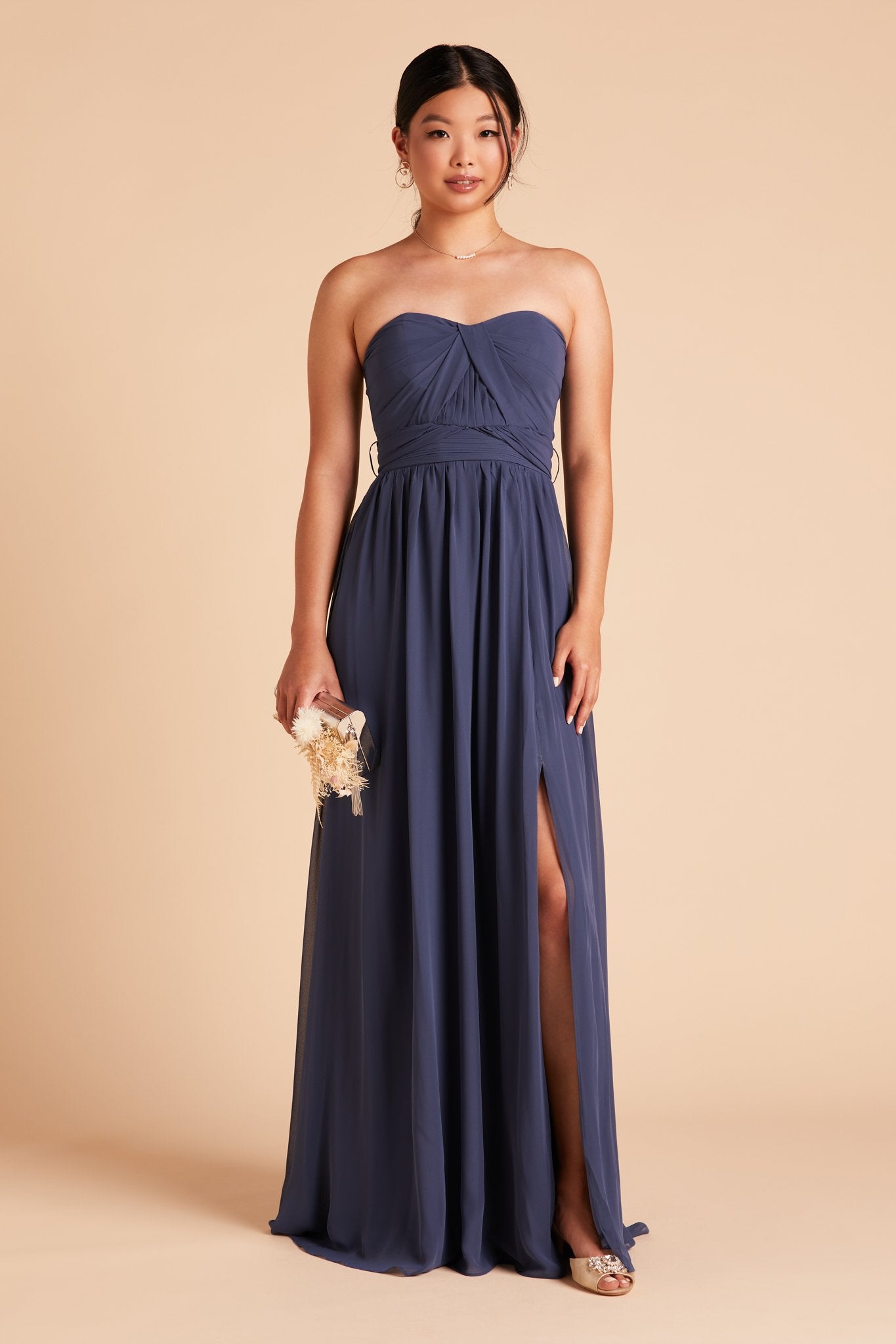 Grace convertible bridesmaid dress with slit in slate blue chiffon by Birdy Grey, front view