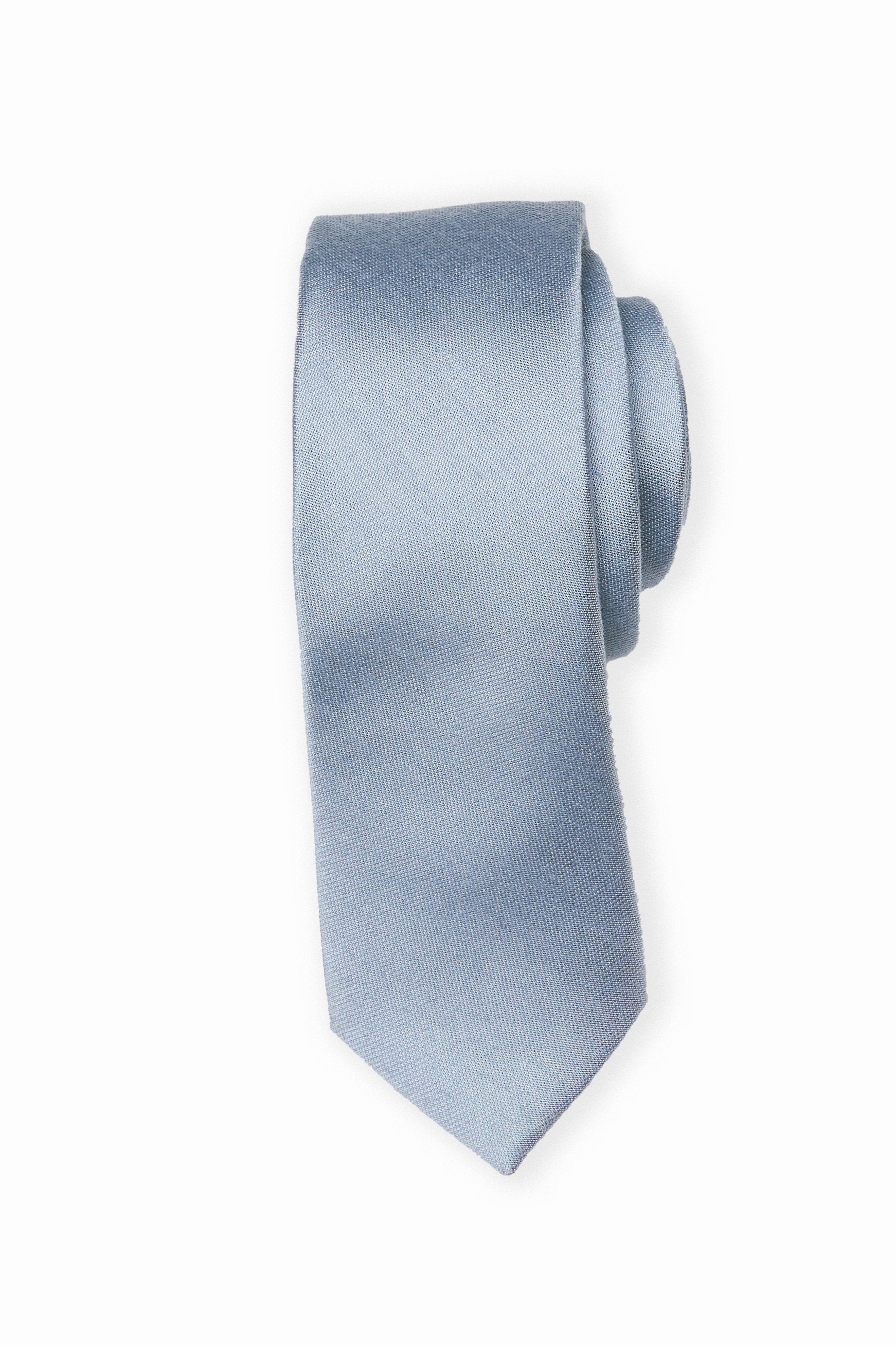 Front closeup view of the Simon Necktie in dusty blue rolled up with the pointed necktie end extended showing the material texture and sheen.
