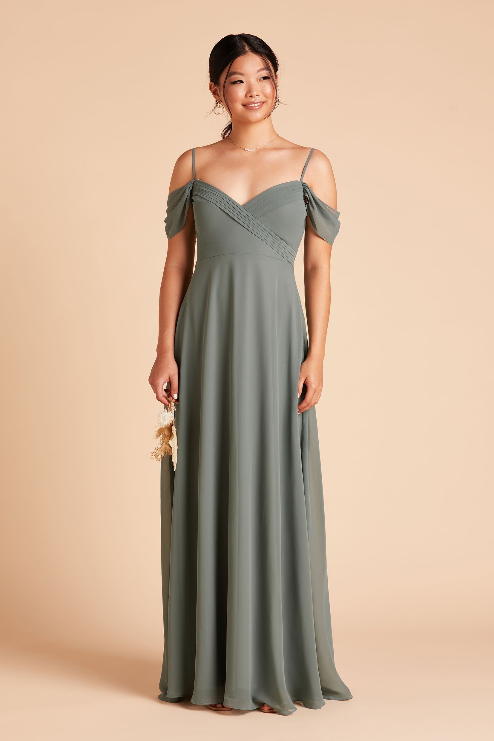Spence convertible bridesmaid dress in sea glass green chiffon by Birdy Grey, front view