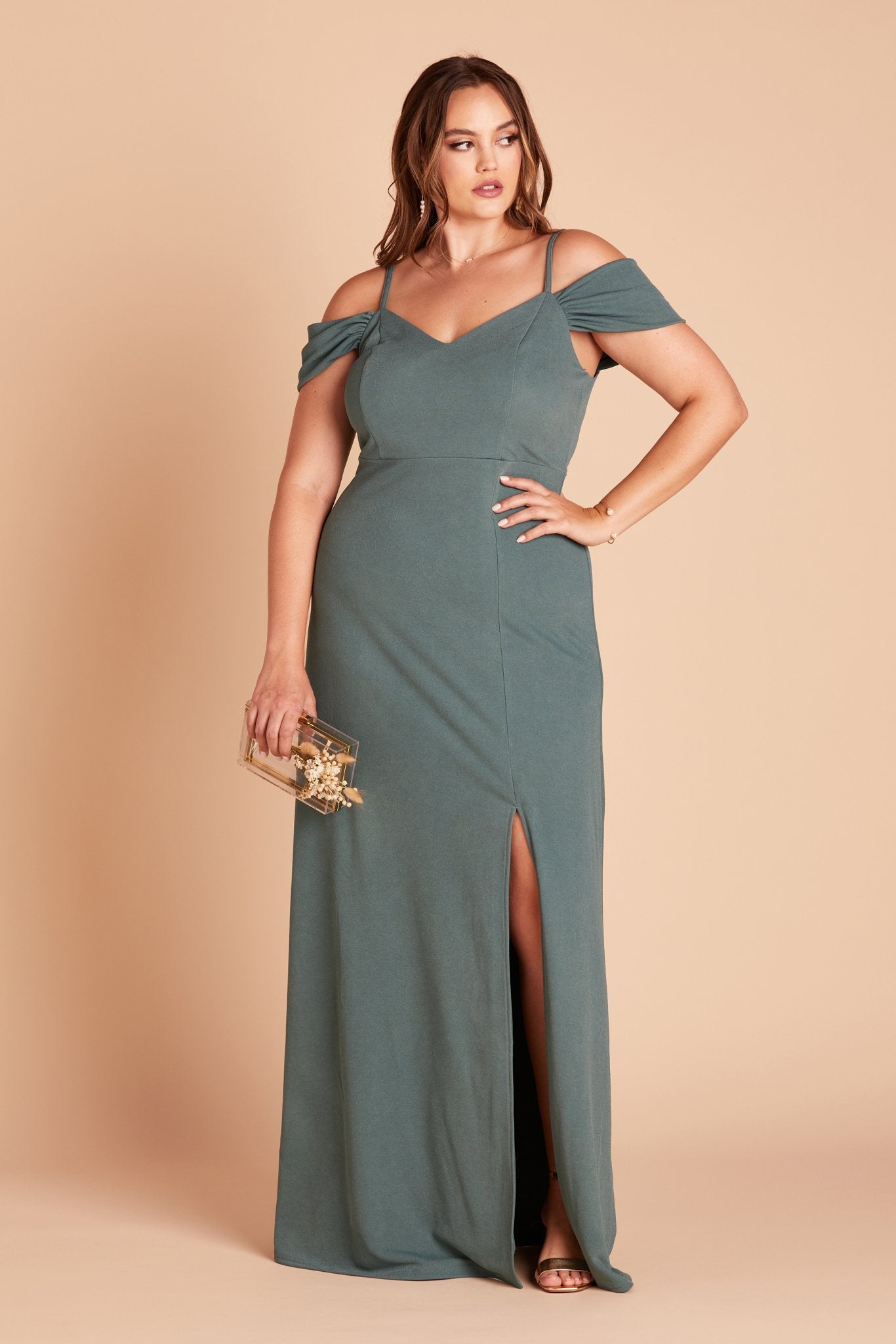 Dev plus size bridesmaid dress with slit in sea glass green crepe by Birdy Grey, front view