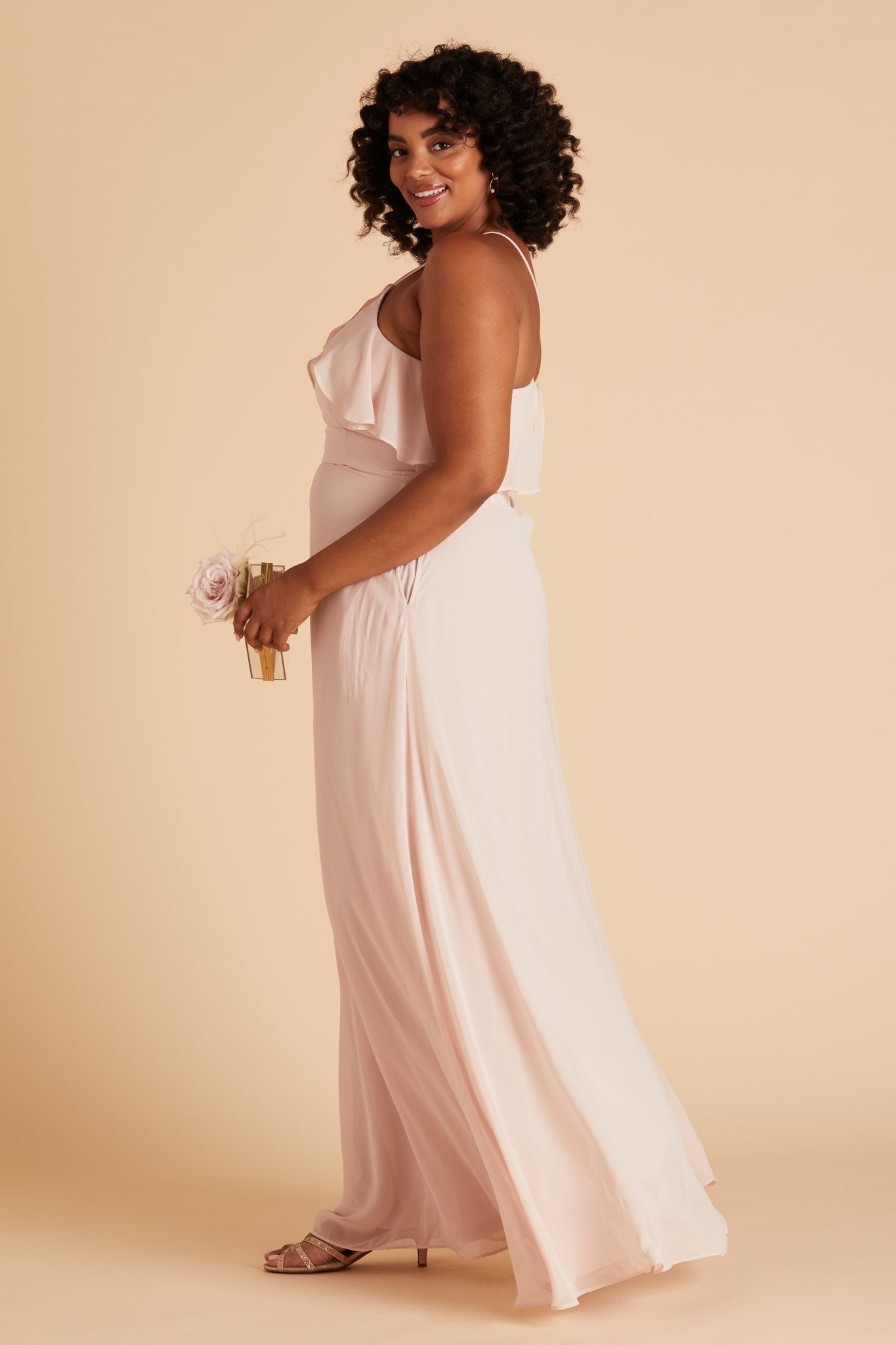 Jules plus size bridesmaid dress in pale blush chiffon by Birdy Grey, side view