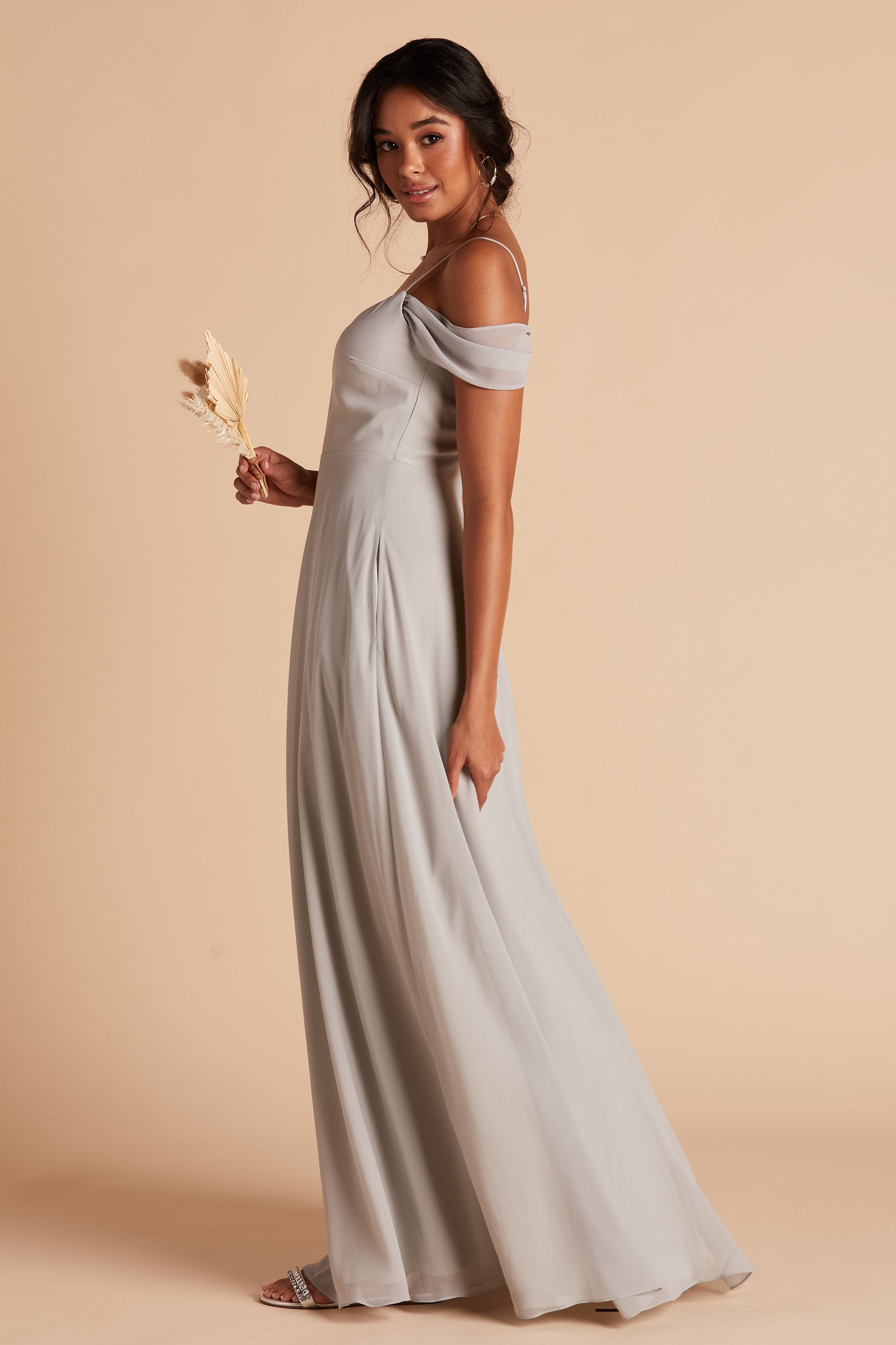 Devin convertible bridesmaid dress with slit in dove gray chiffon by Birdy Grey, side view