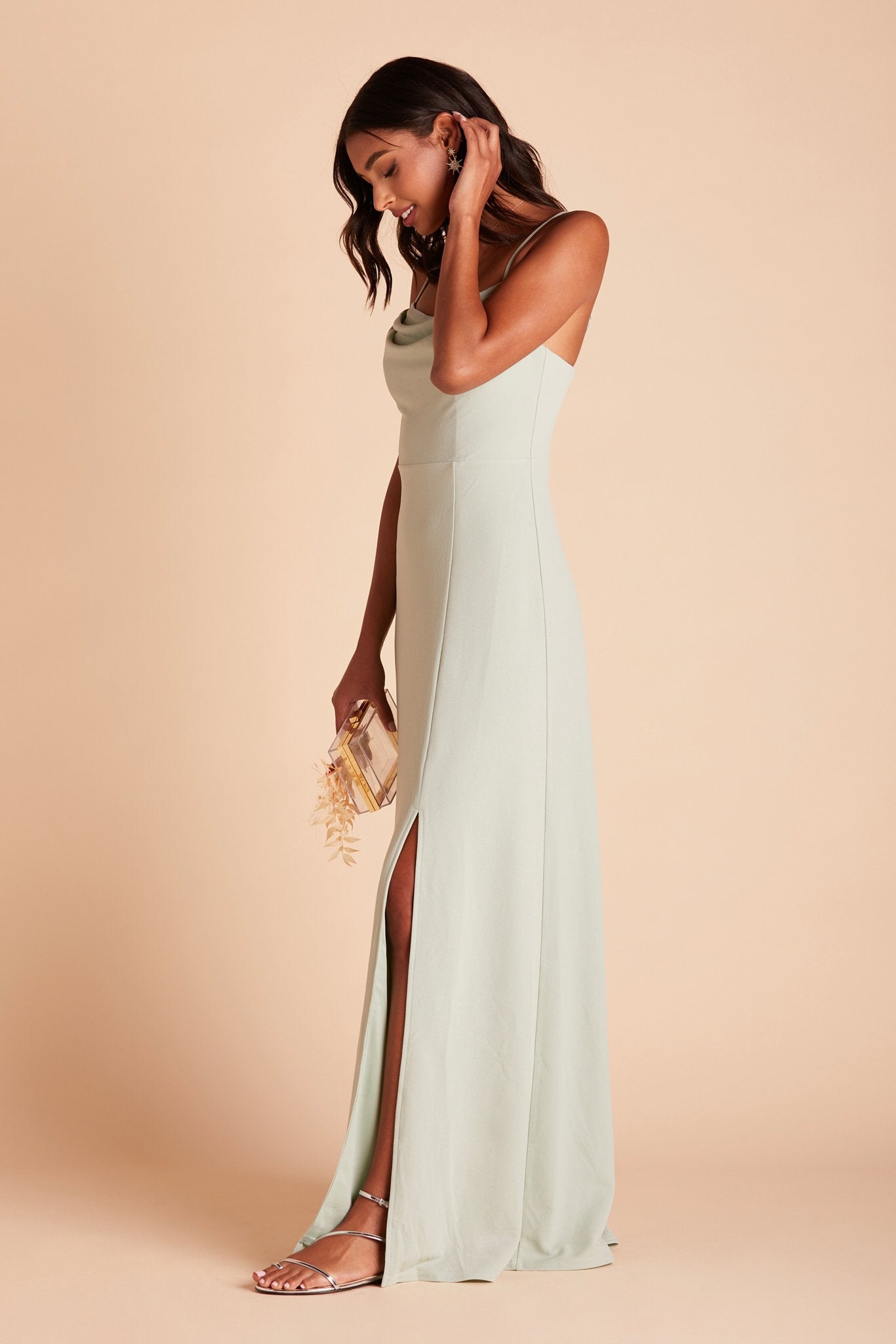 Ash bridesmaid dress with slit in sage green crepe by Birdy Grey, side view
