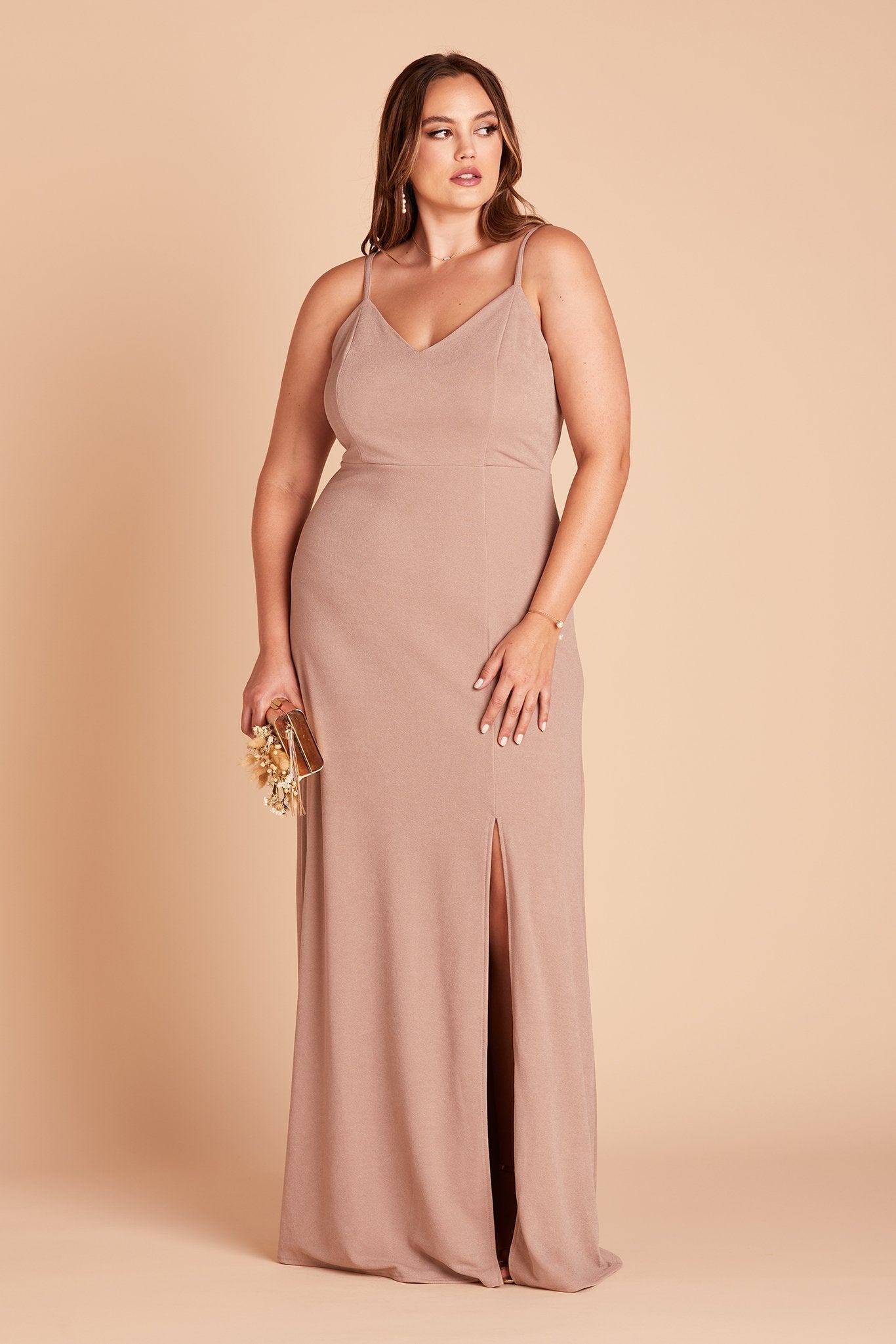 Jay plus size bridesmaid dress with slit in taupe crepe by Birdy Grey, front view
