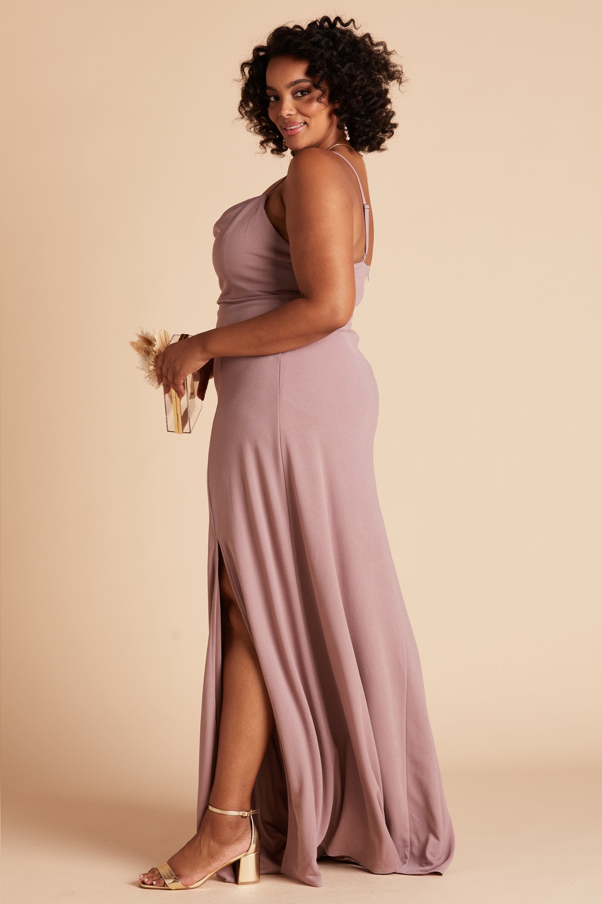 Ash plus size bridesmaid dress with slit in dark mauve crepe by Birdy Grey, side view