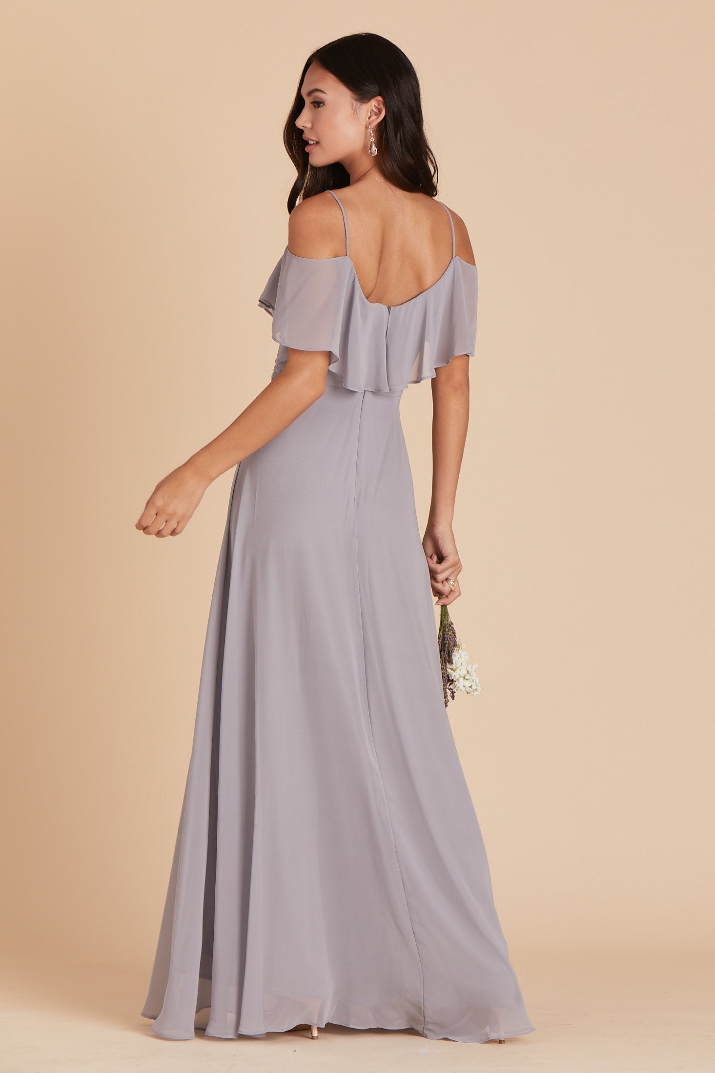 Jane convertible bridesmaid dress in silver chiffon by Birdy Grey, back view
