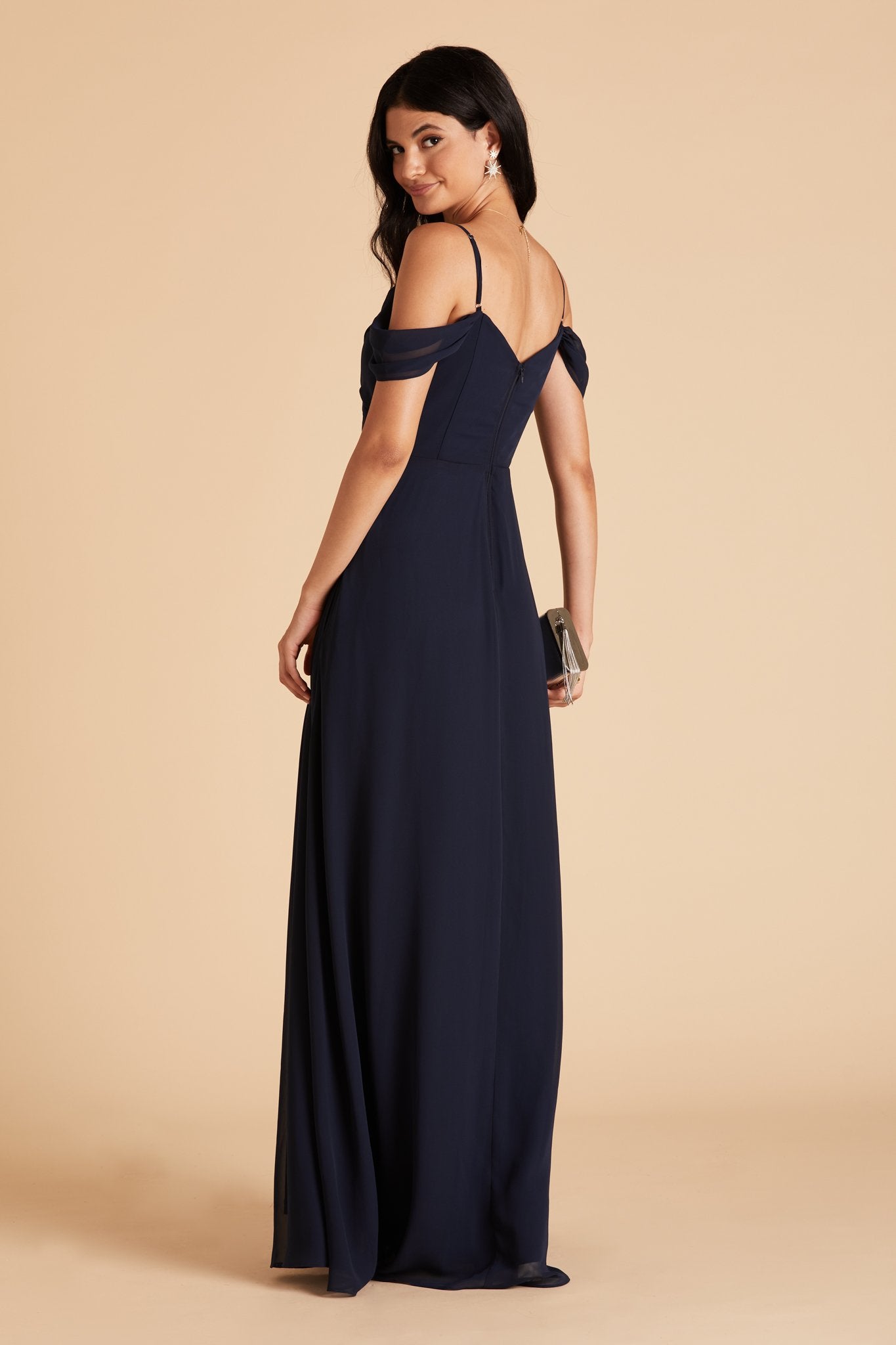 Spence convertible bridesmaid dress in navy blue chiffon by Birdy Grey, side view