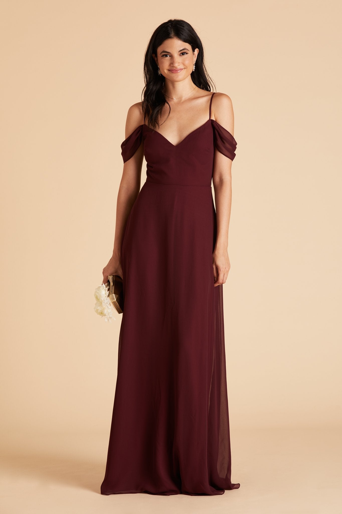 Devin convertible bridesmaid dress with slit in cabernet burgundy chiffon by Birdy Grey, front view