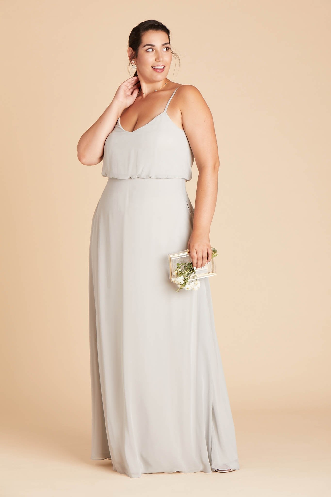 Gwennie plus size bridesmaid dress in dove gray chiffon by Birdy Grey, side view