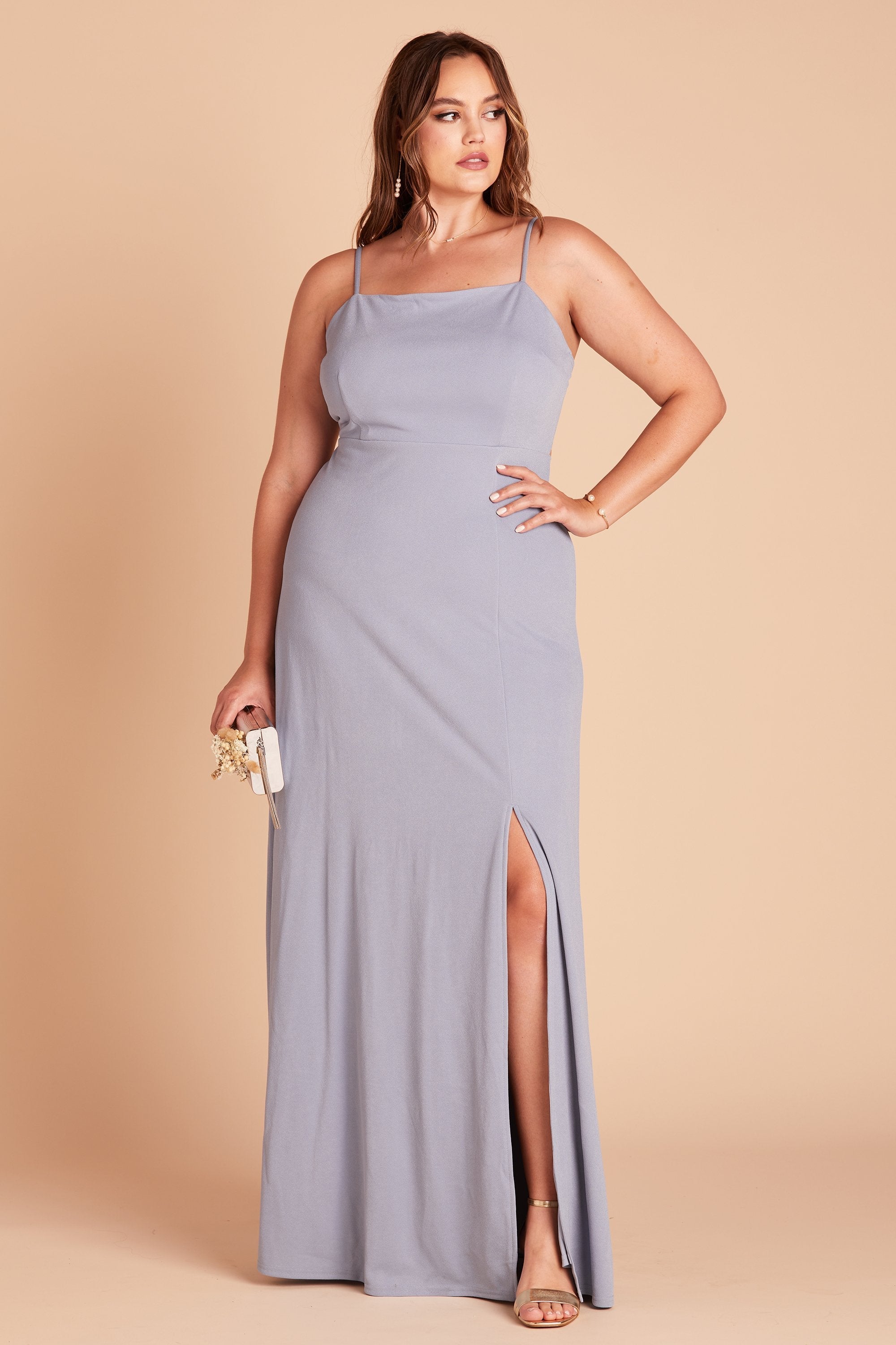 Benny plus size bridesmaid dress with slit in dusty blue crepe by Birdy Grey, front view