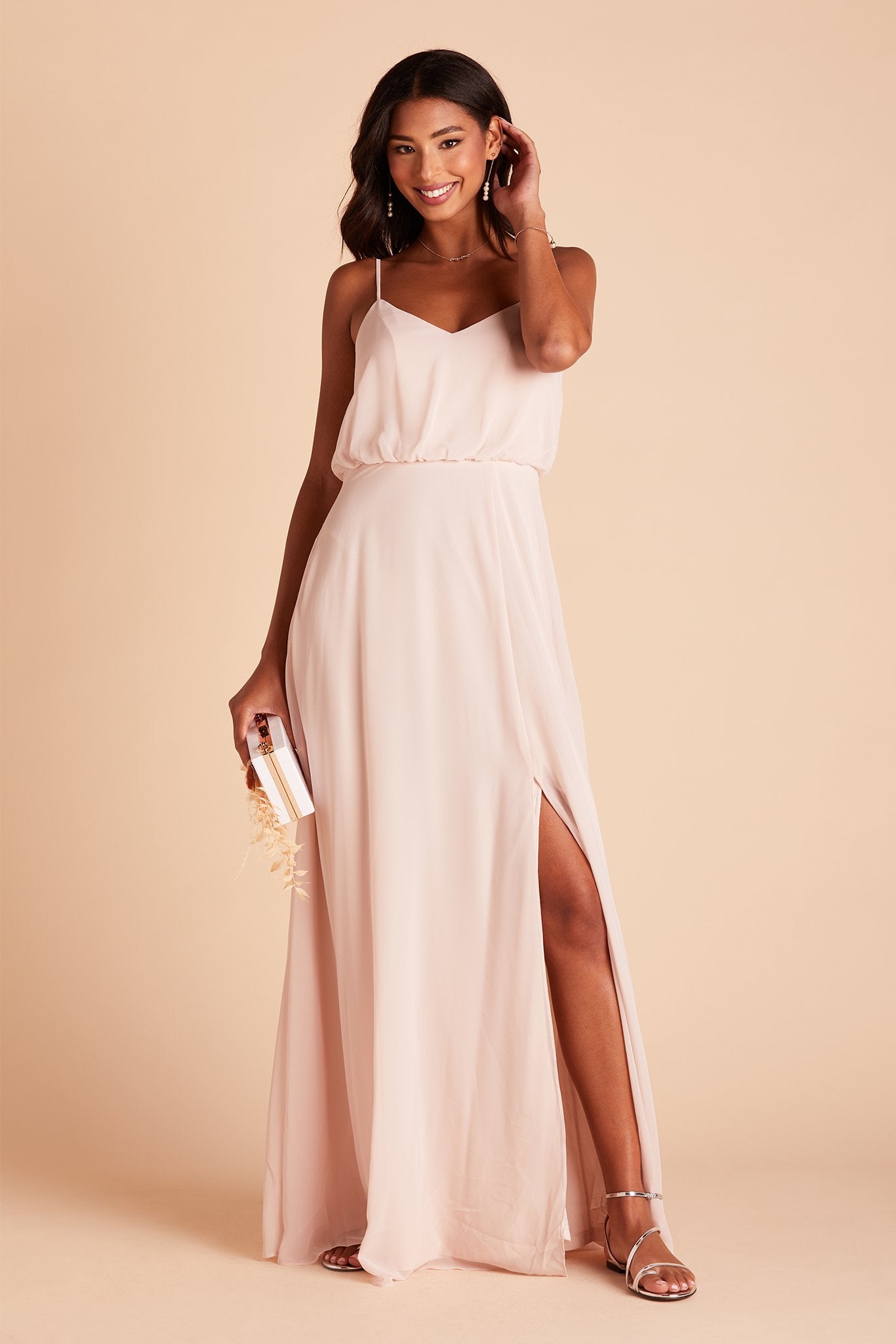Gwennie bridesmaid dress with slit in pale blush chiffon by Birdy Grey, front view