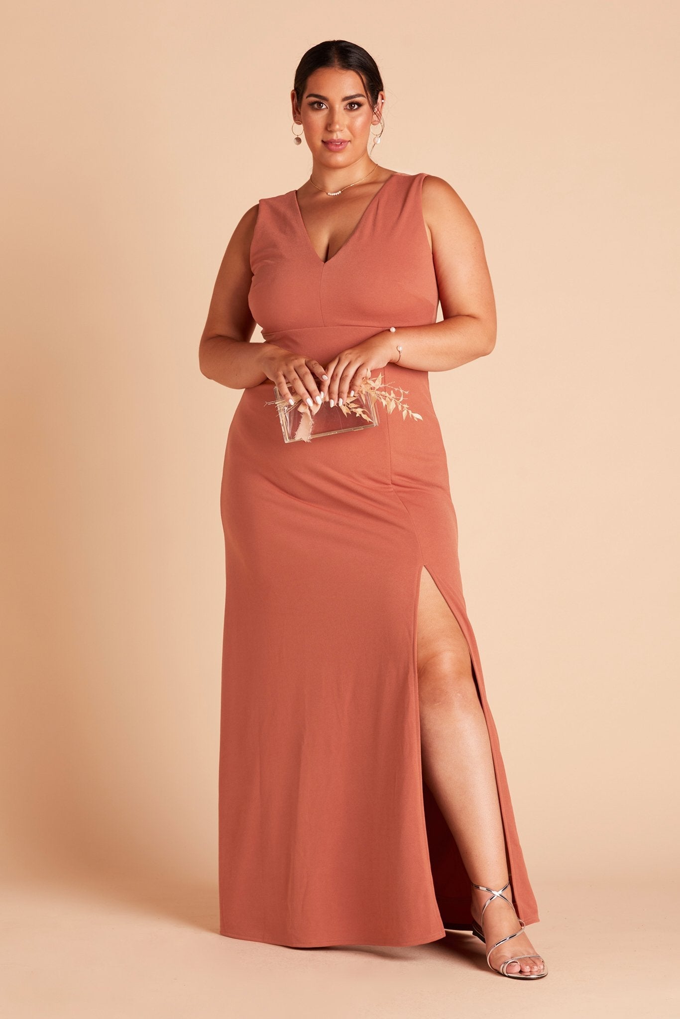 Shamin plus size bridesmaid dress with slit in terracotta crepe by Birdy Grey, front view