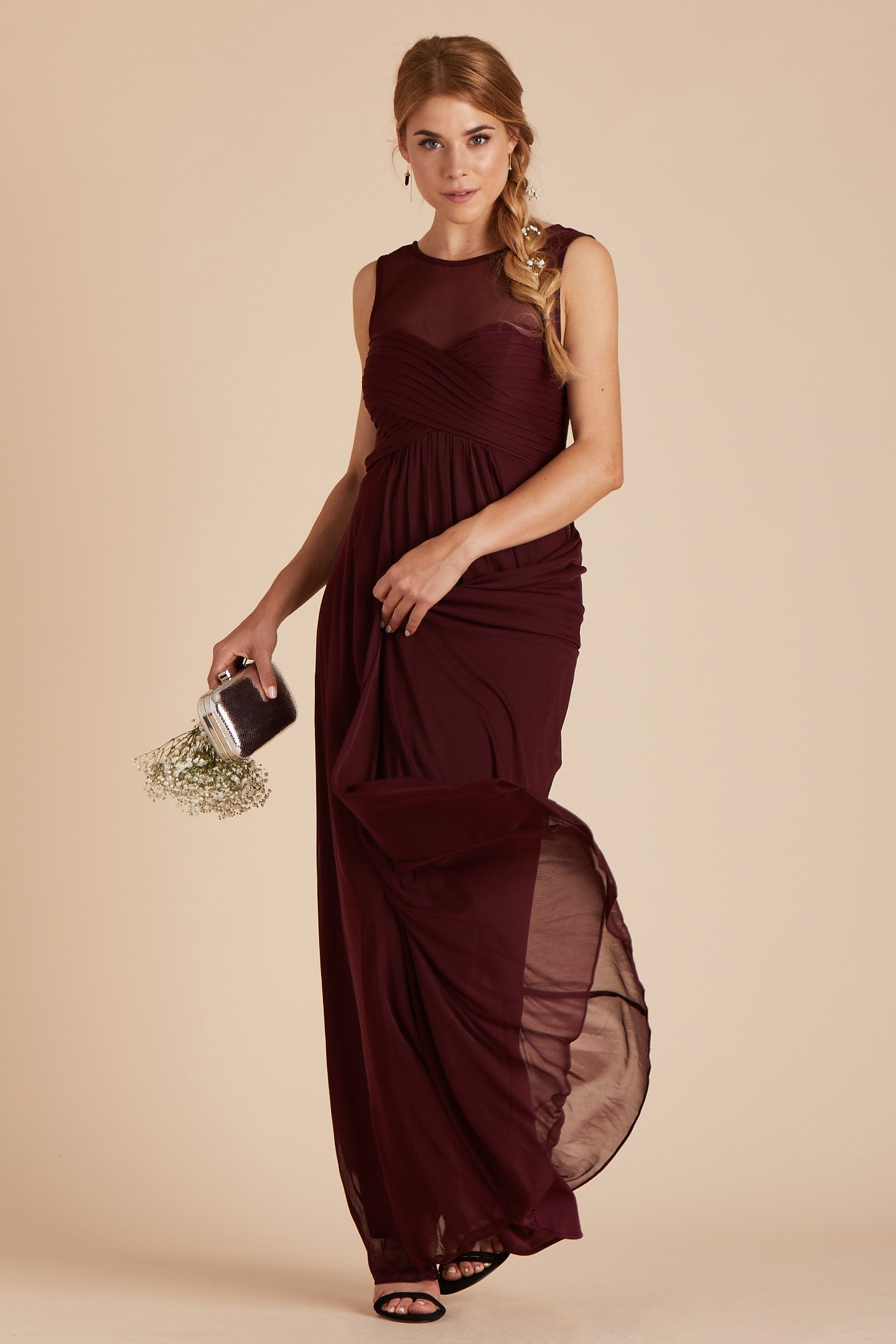 Ryan bridesmaid dress in cabernet burgundy chiffon by Birdy Grey, front view