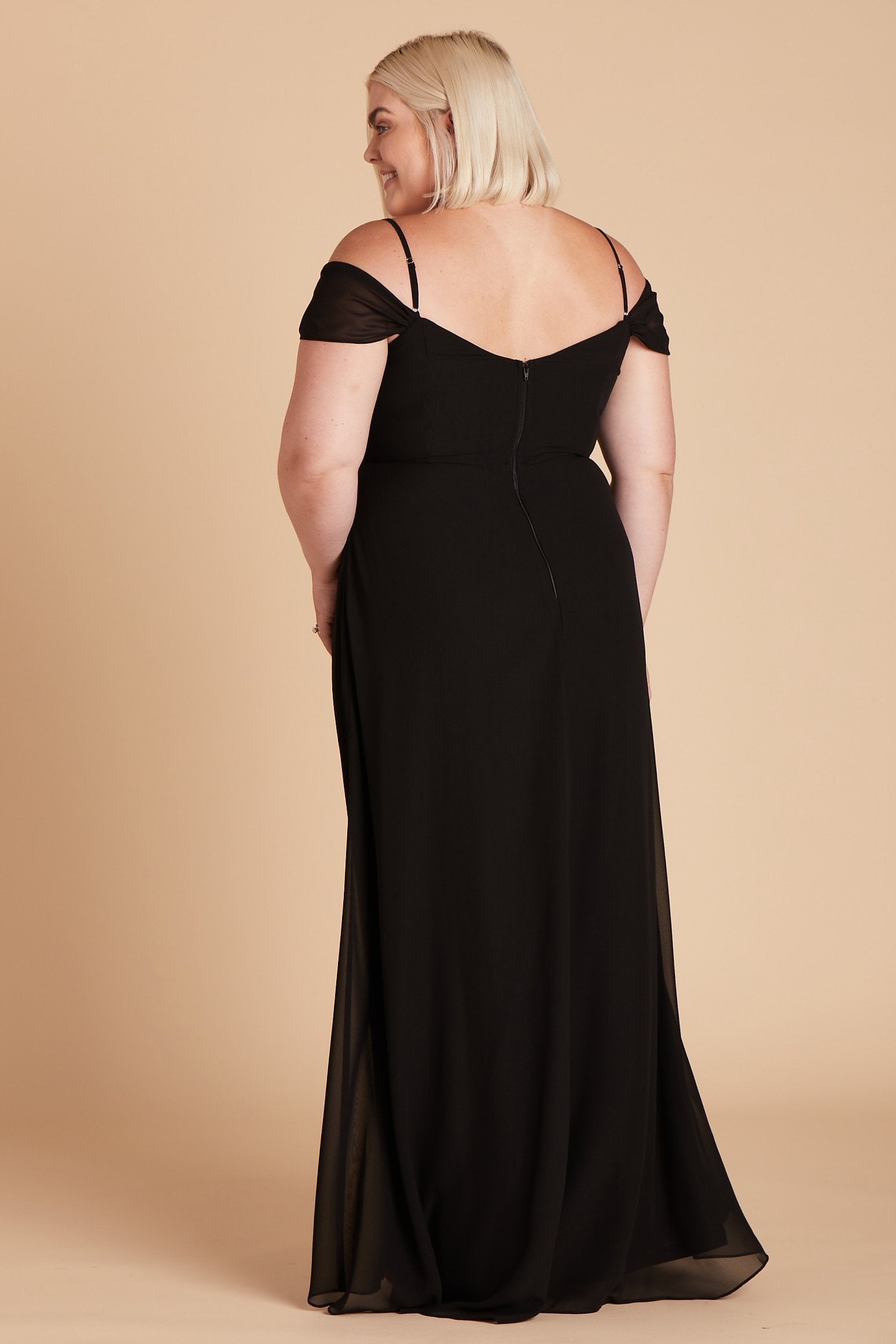 Spence convertible plus size bridesmaid dress in black chiffon by Birdy Grey, back view