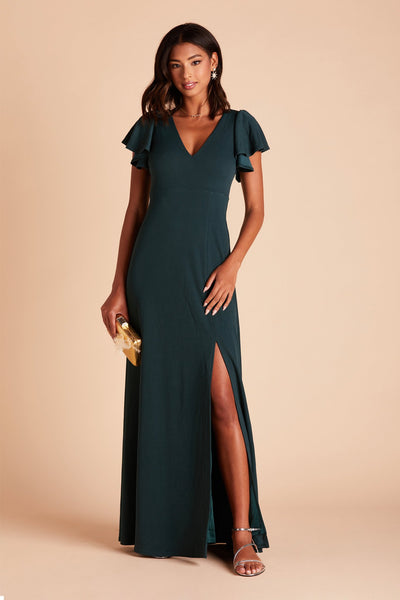 Hannah bridesmaid dress with slit in emerald green crepe by Birdy Grey, front view