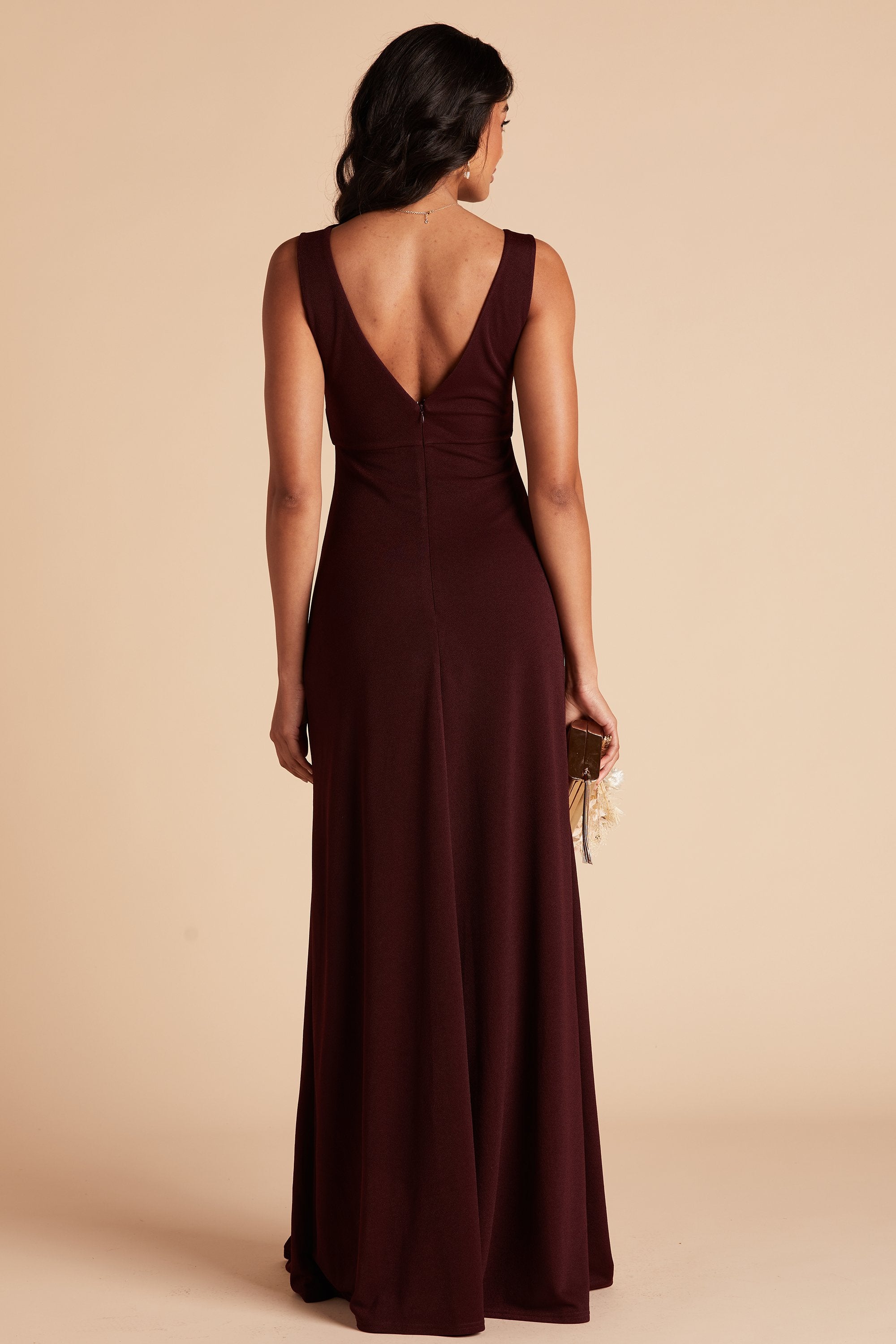 Shamin bridesmaid dress in cabernet burgundy crepe by Birdy Grey, back view